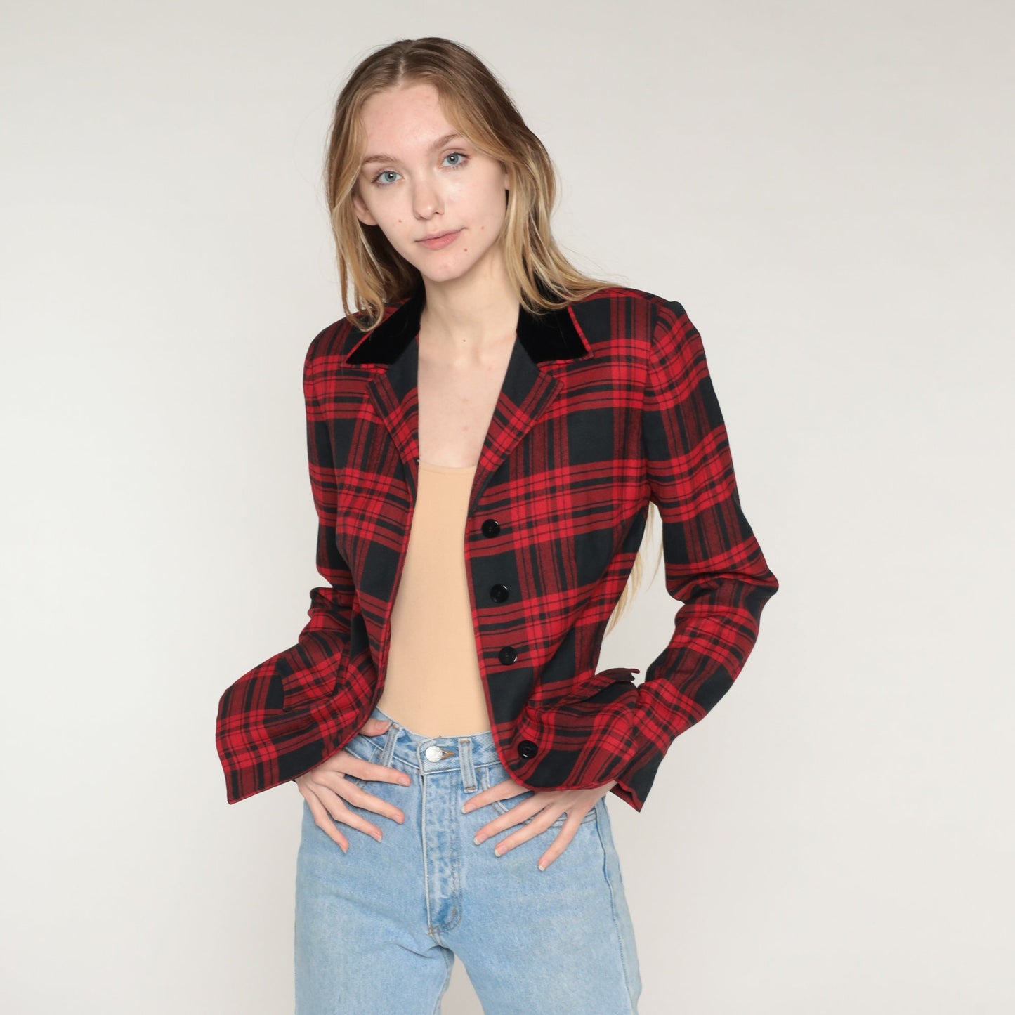 70s Marshall Field Red Plaid Wool Blazer Notched Collar Button Jacket Extra Small