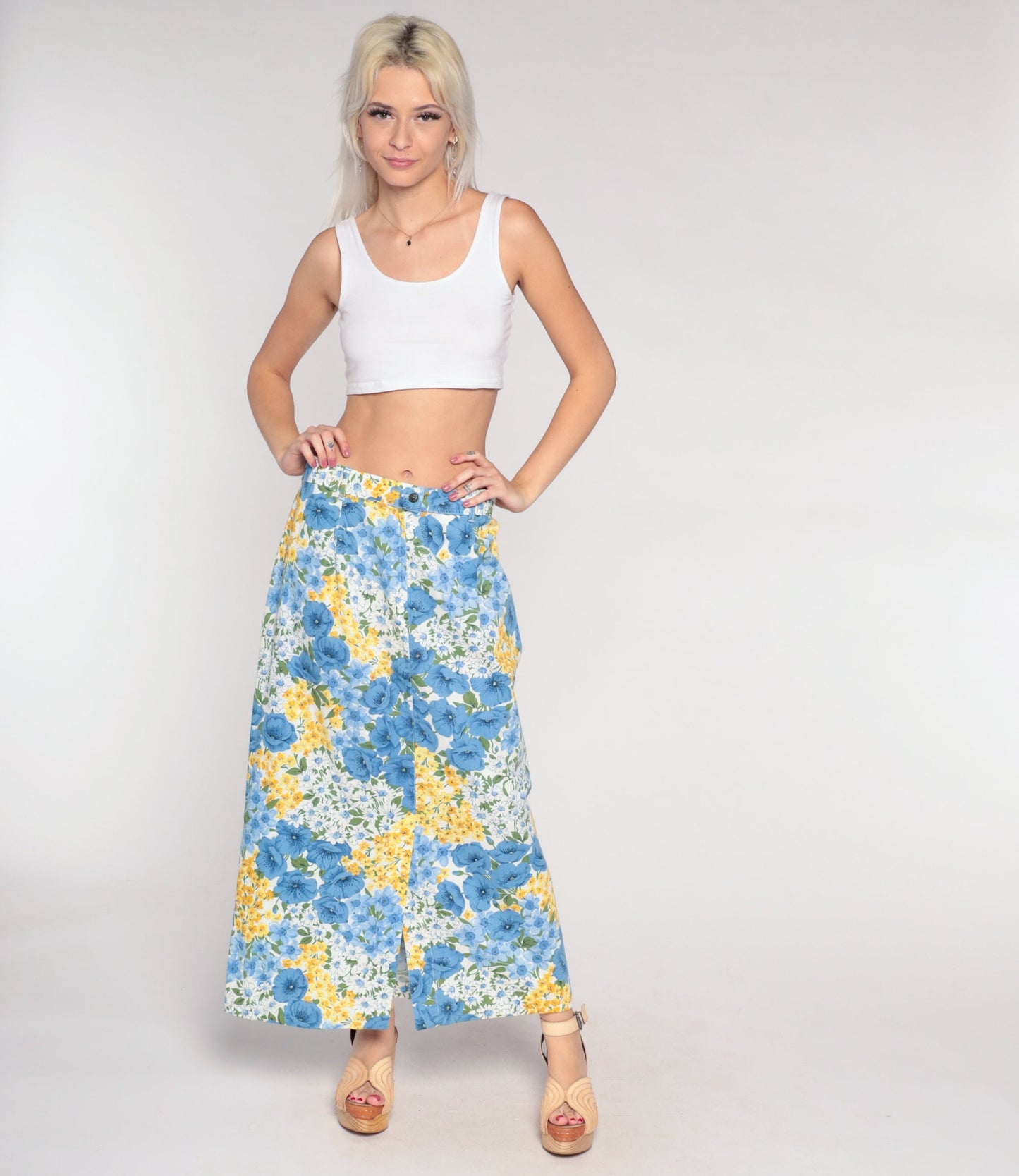 90s Blue Floral Wrap Maxi Skirt Cotton Flower Print Medium Large