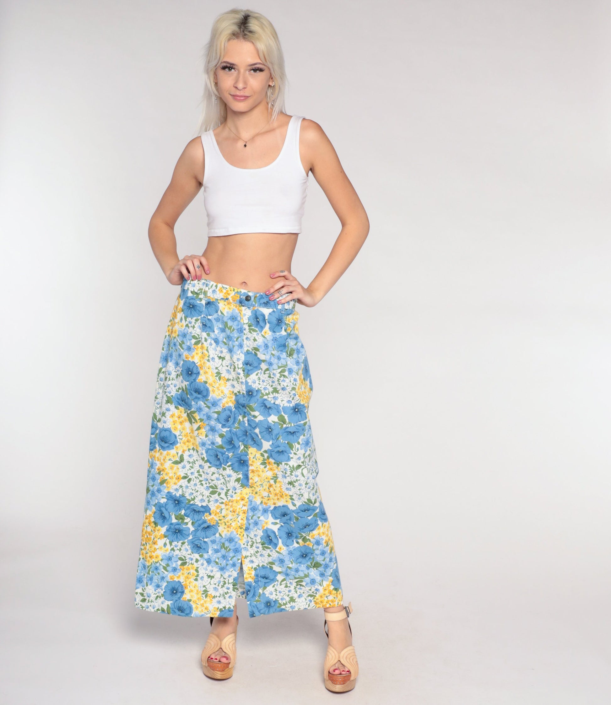 90s Blue Floral Wrap Maxi Skirt Cotton Flower Print Medium Large