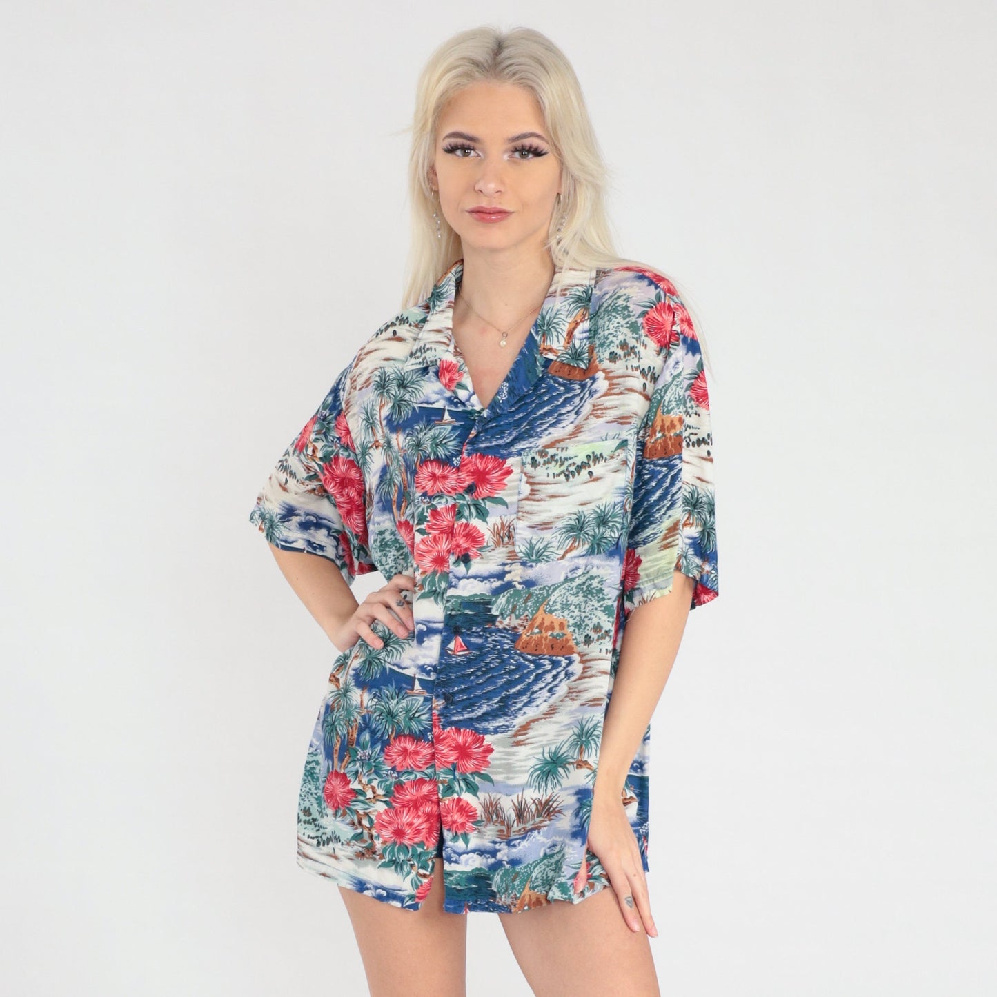Y2K Hawaiian Islands Button Up Shirt Tropical Print Blue Sailboat Extra Large