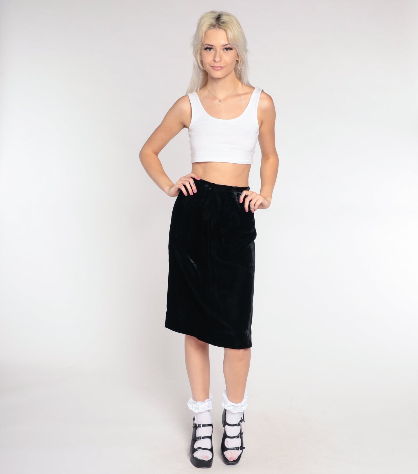 70s Black Velvet Midi Skirt High Waisted Pencil Extra Small XS