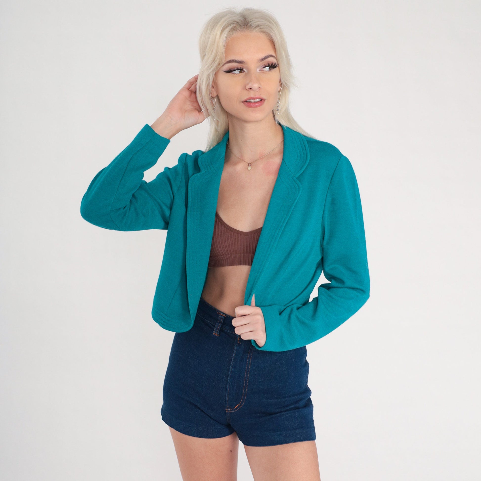 80s Leslie Fay Teal Blazer Open Front Office Jacket Small