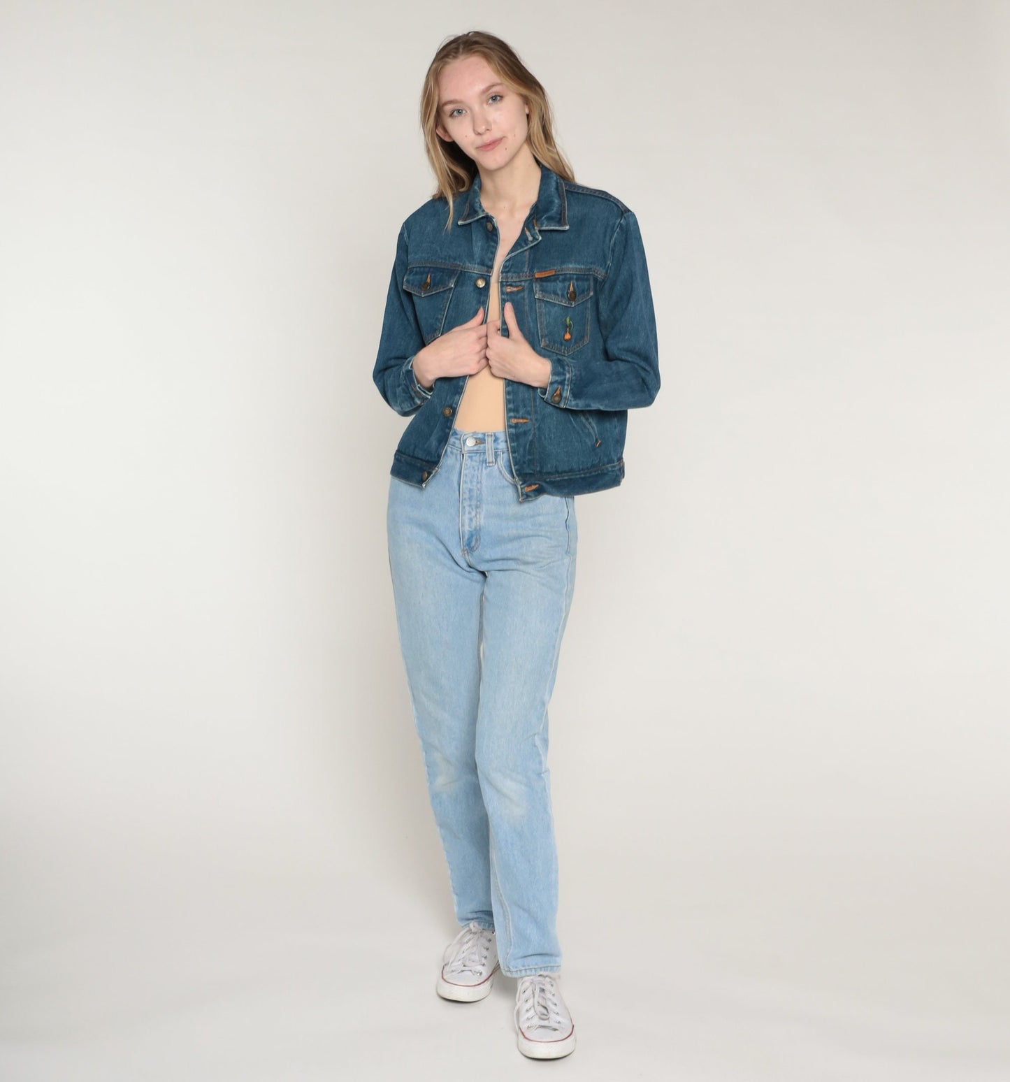 80s Blue Denim Jacket Embroidered Onion Chest Graphic Extra Small