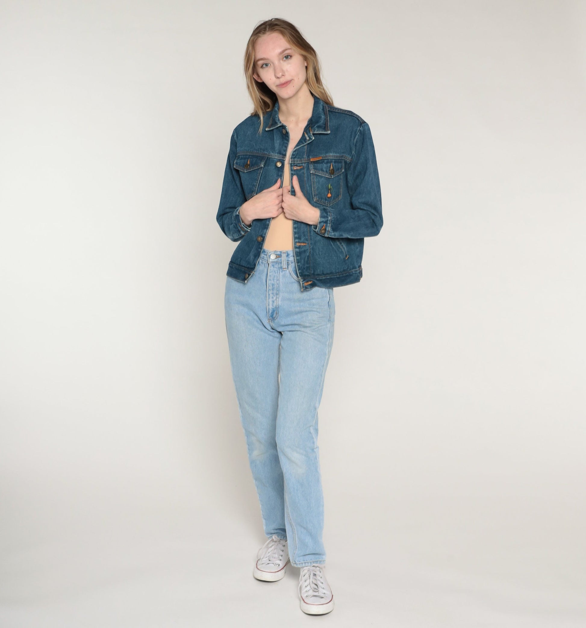80s Blue Denim Jacket Embroidered Onion Chest Graphic Extra Small