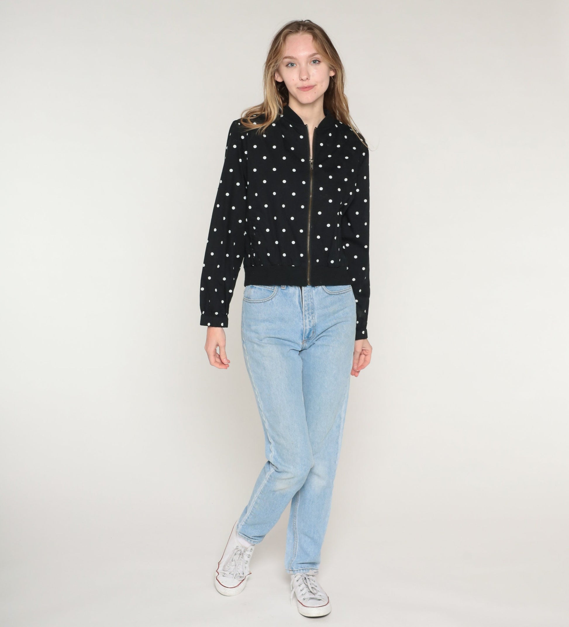Y2K Black Cotton Zip Jacket White Polka Dot Print Small S