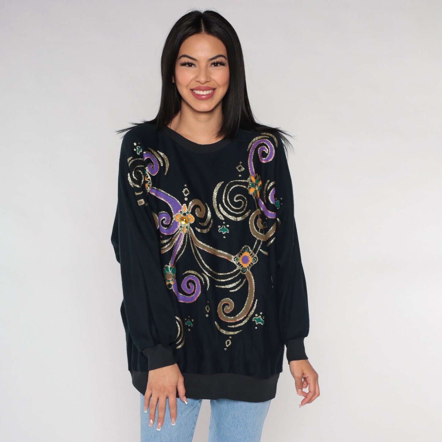 90s Black Sweatshirt Glitter Swirl Rhinestone Print Novelty Sweater Extra Large XXL