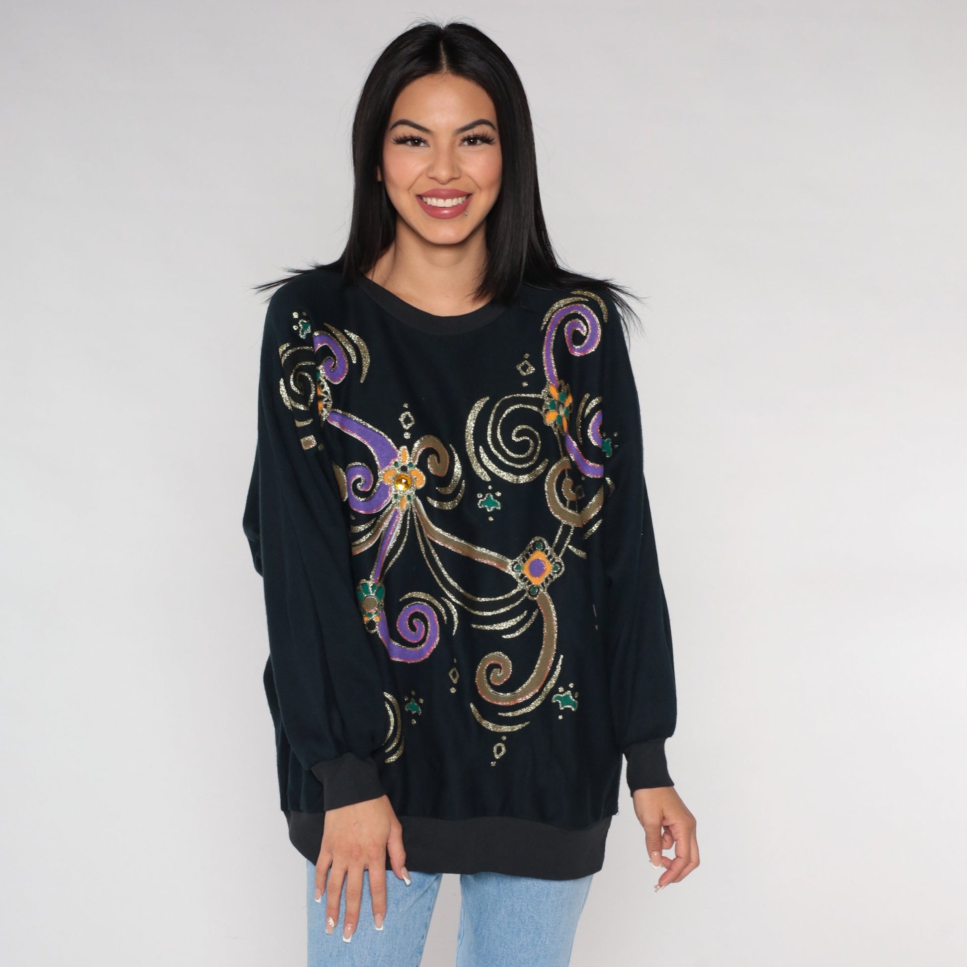 90s Black Sweatshirt Glitter Swirl Rhinestone Print Novelty Sweater Extra Large XXL