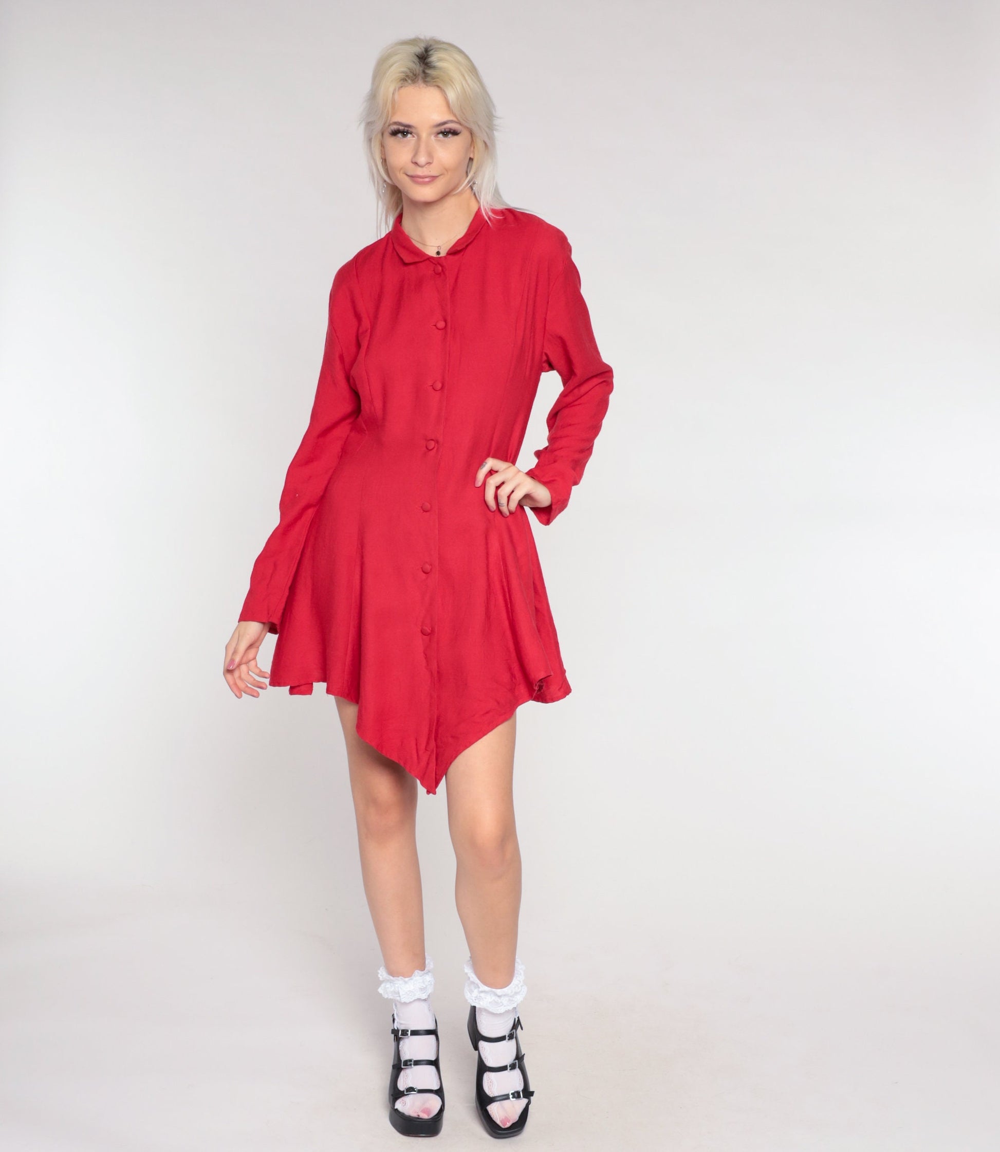 80s Red Rayon Twill Button-Up Mini Dress High-Low Hem Long Sleeve Medium