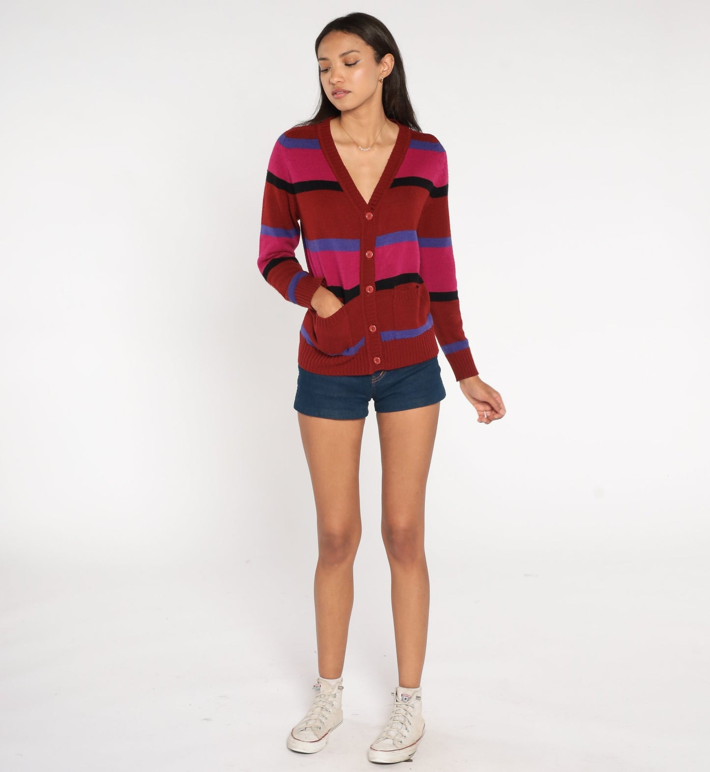 70s Striped Cardigan Rust Red Pink Purple V-Neck Button-Up Knit Small