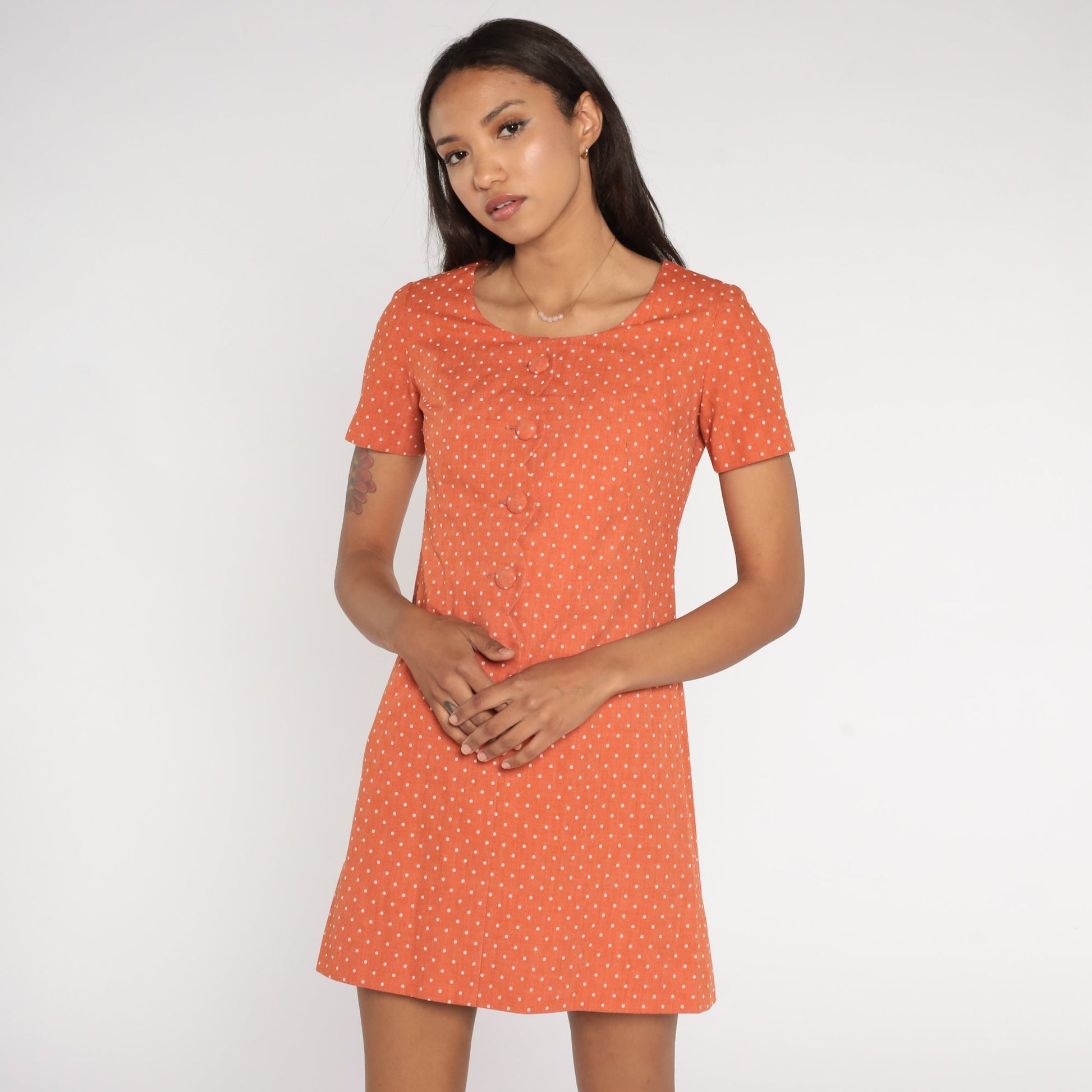 60s Orange Polka Dot Shift Dress Mini Button-Up Short Sleeve Extra Small