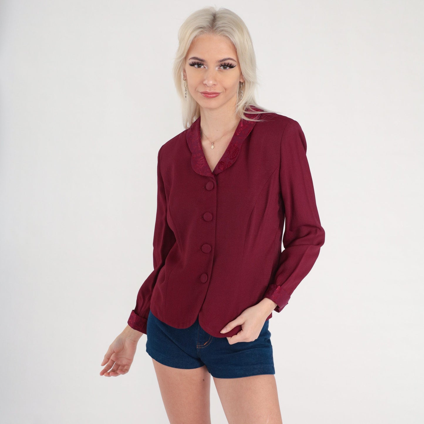 80s Dark Red Blazer Floral Embossed Button-Up Jacket Large 12