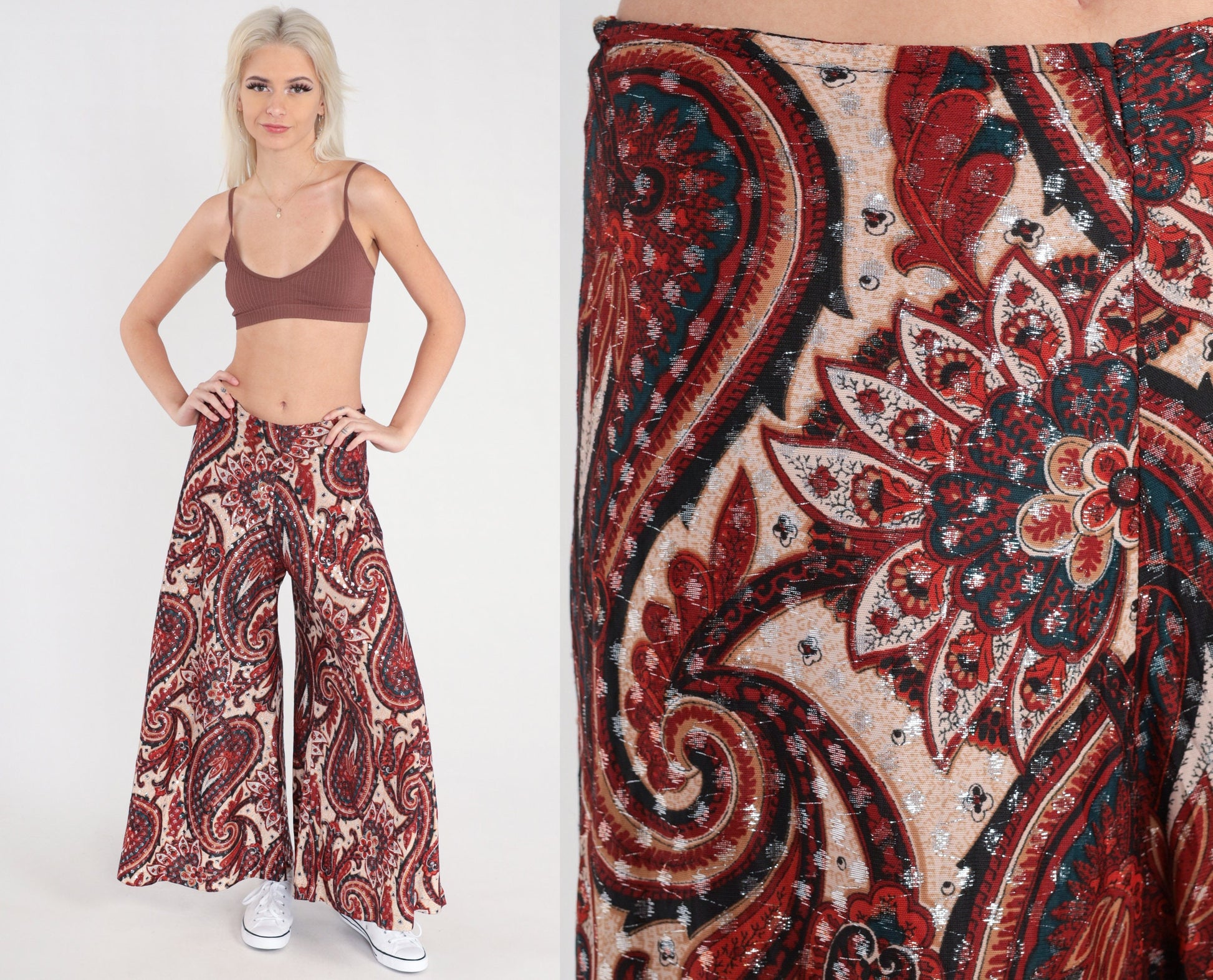 70s Paisley Metallic Bell Bottom Pants High Waisted Red Cream Small