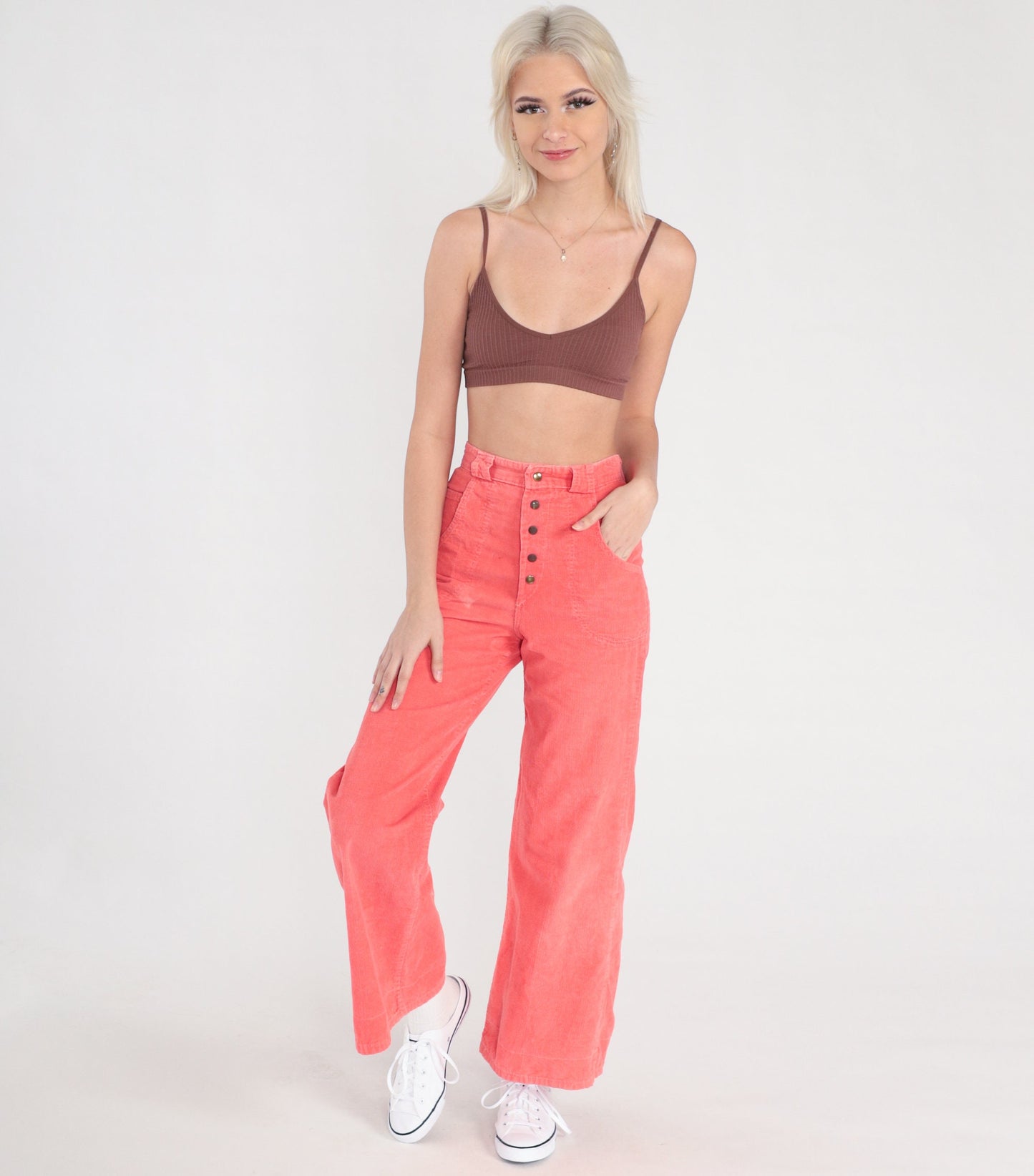 70s Coral Corduroy Bell Bottom Trousers High Waist Wide Leg Extra Small
