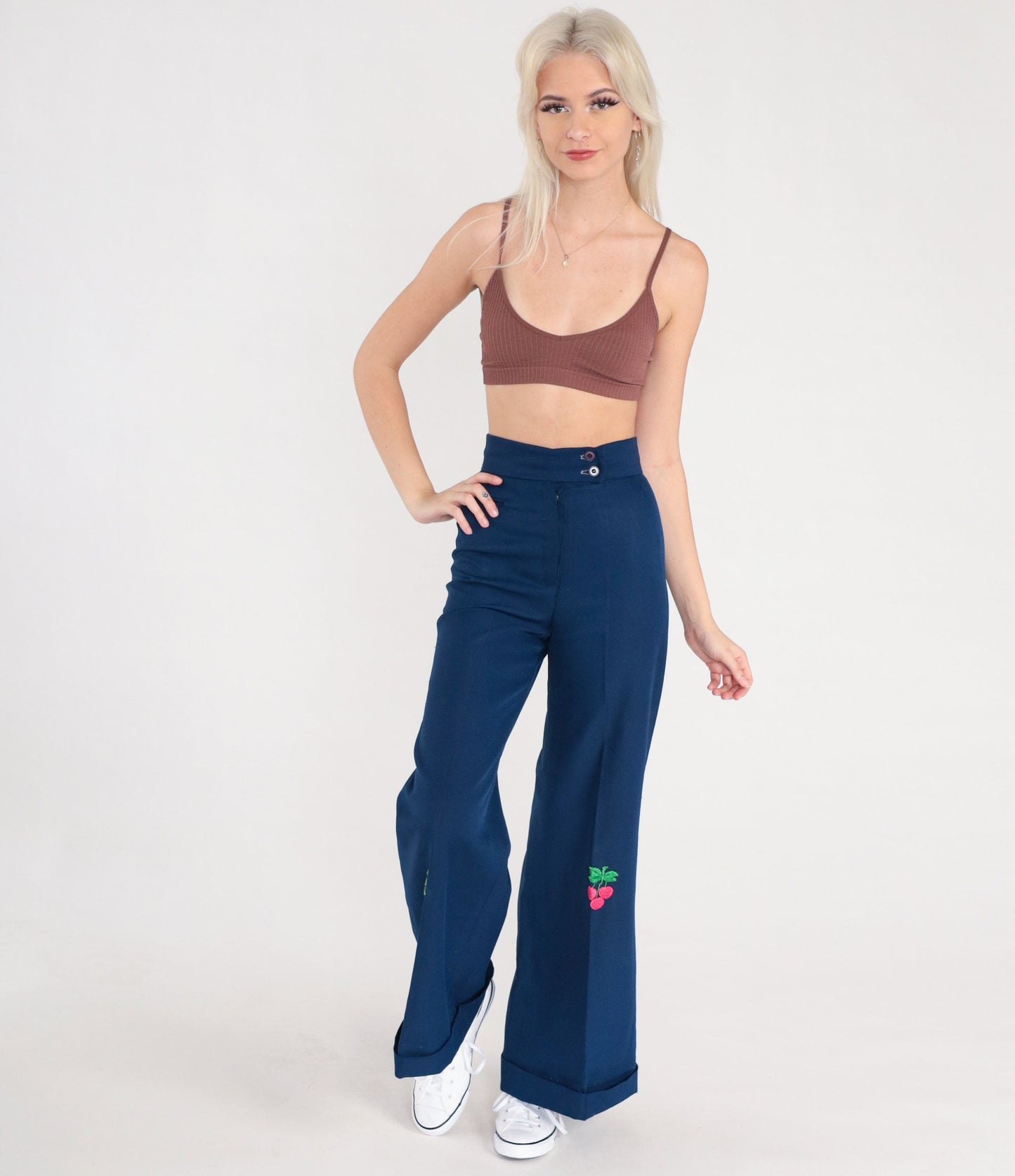 70s Dark Blue Bell Bottom Pants Cherry Flower Patch High Waist Extra Small