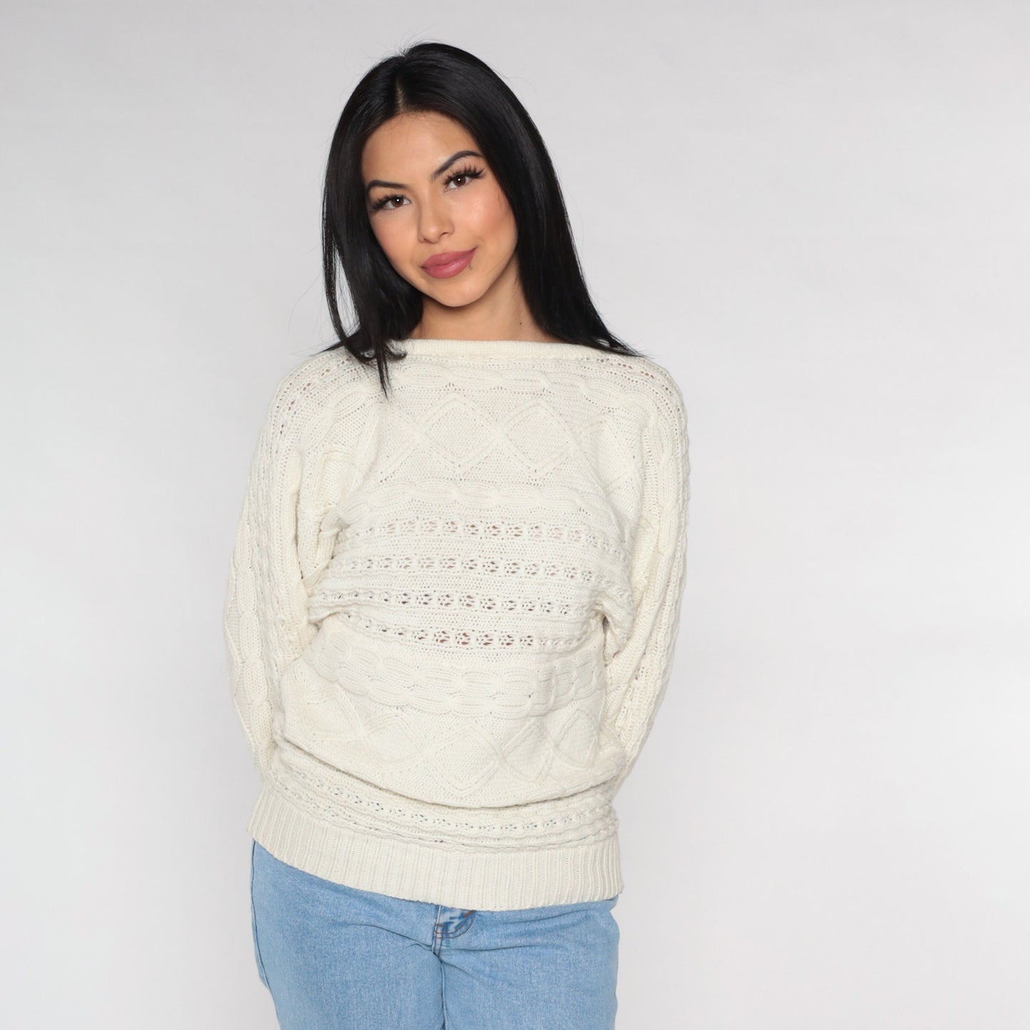 90s White Cable Knit Pointelle Pullover Sweater Small S