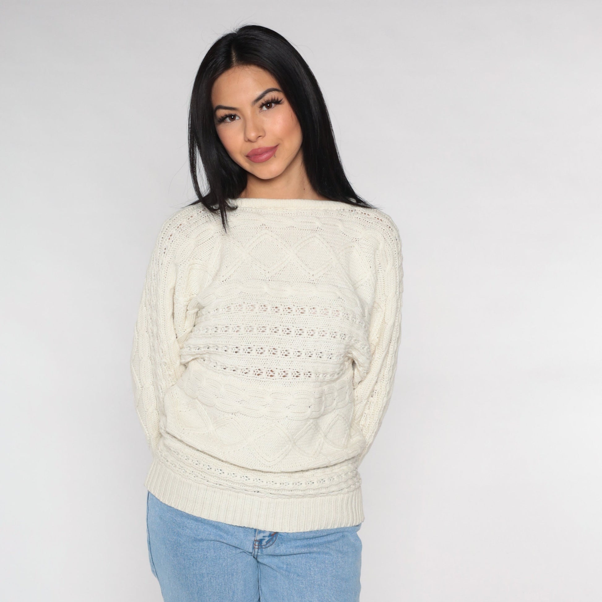 90s White Cable Knit Pointelle Pullover Sweater Small S
