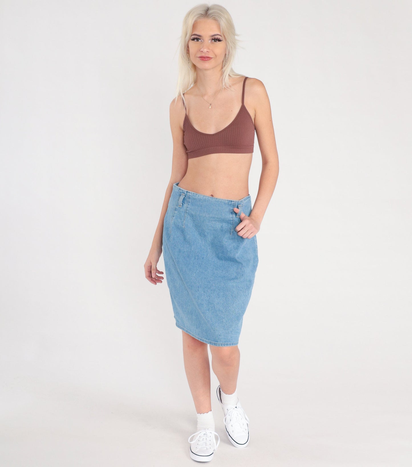 90s High Waisted Denim Pencil Skirt Blue Knee Length Cotton Medium