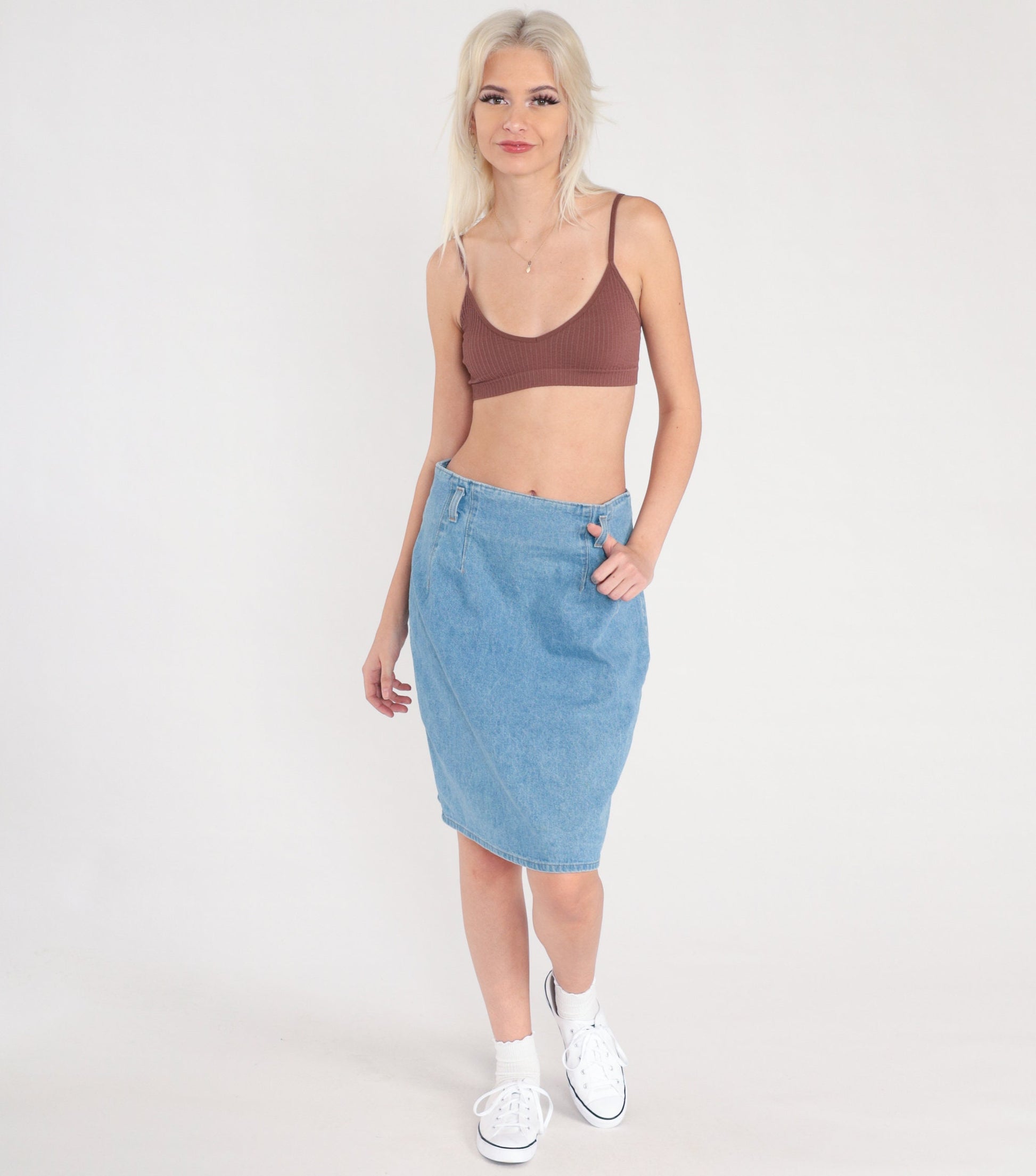 90s High Waisted Denim Pencil Skirt Blue Knee Length Cotton Medium