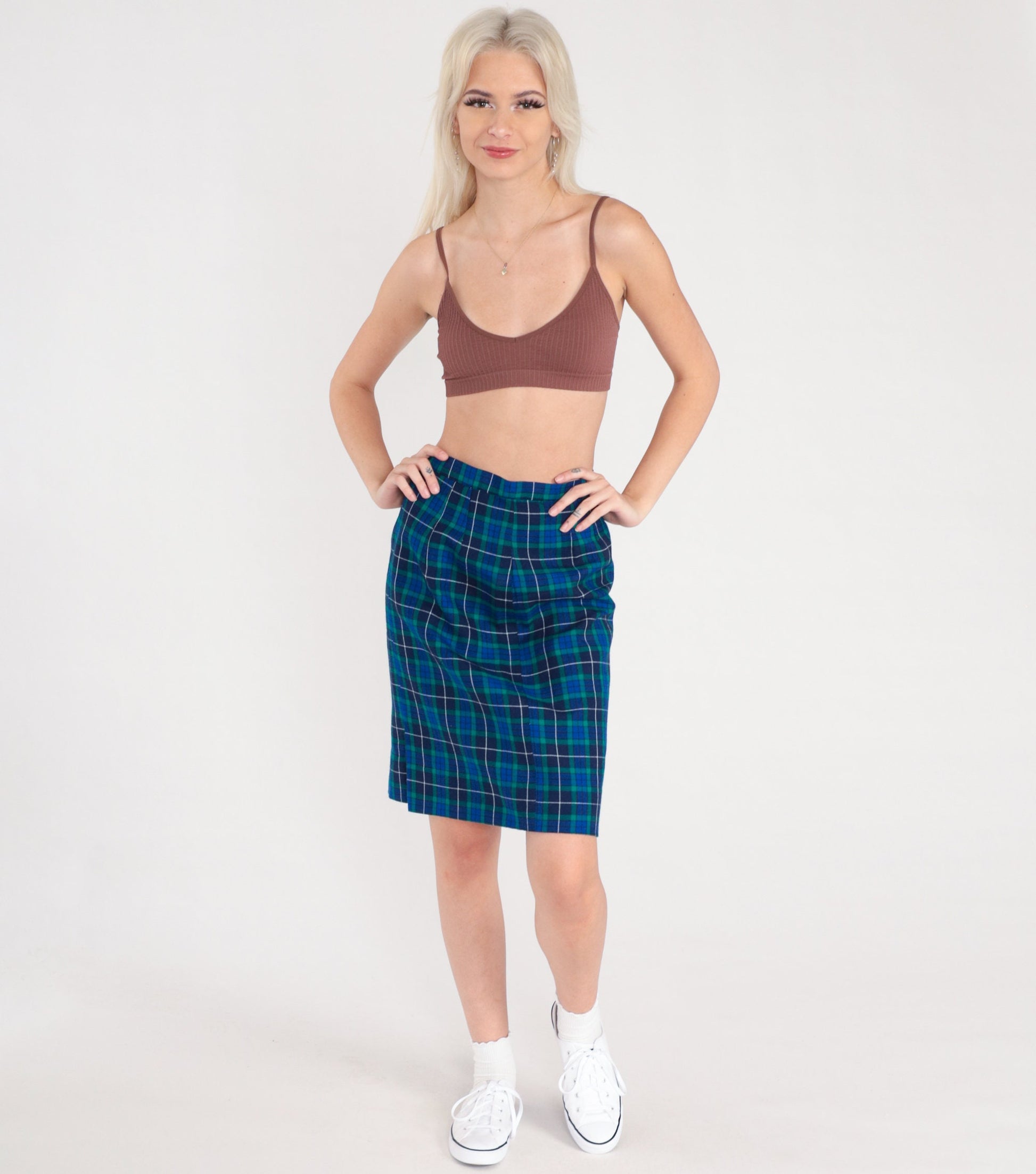 60s Navy Green Plaid Wool Skirt High Waisted Knee Length Small
