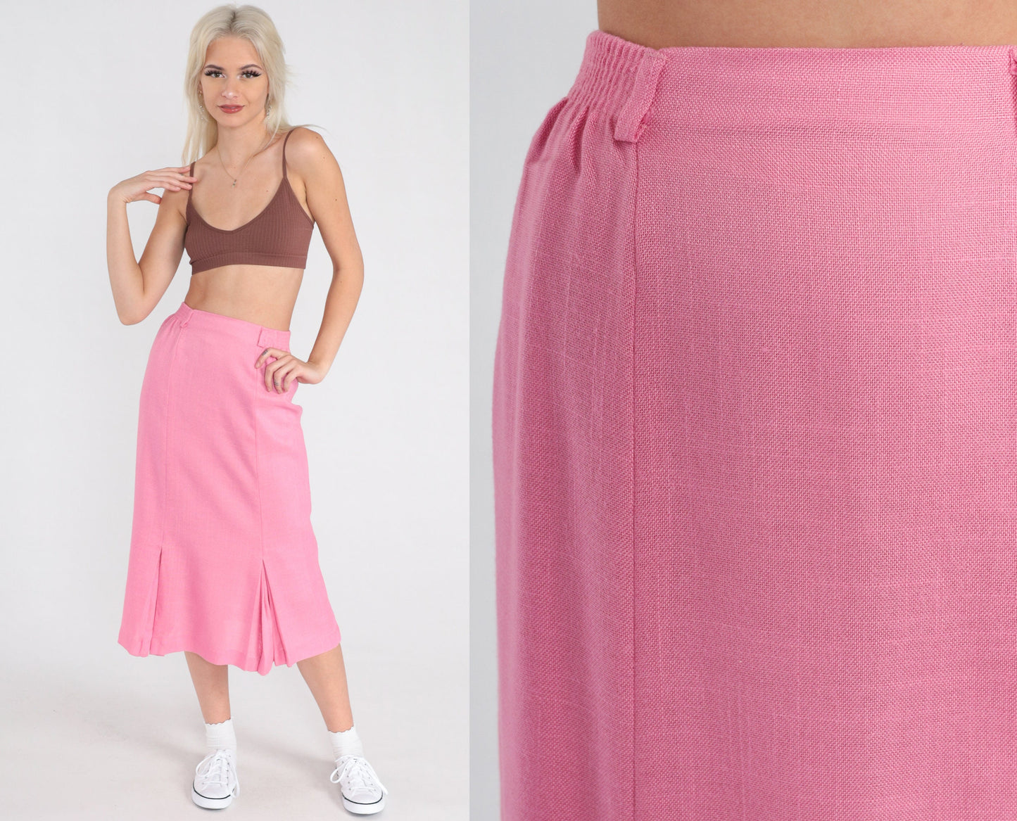 80s Pink Pleated Midi Skirt High Waist School Girl Preppy Small