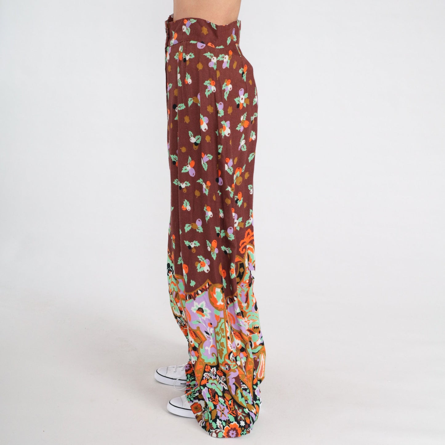 70s Young Edwardian Floral Maxi Skirt High Waist Brown Small