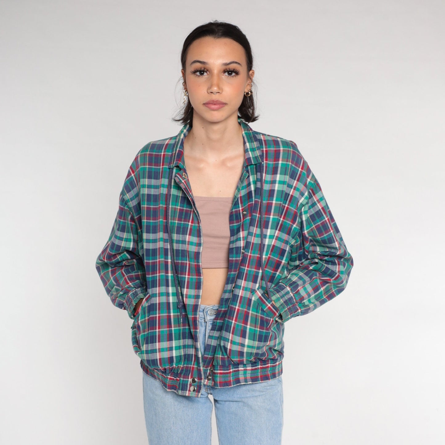 80s Plaid Windbreaker Snap Jacket Blue Red Green Small