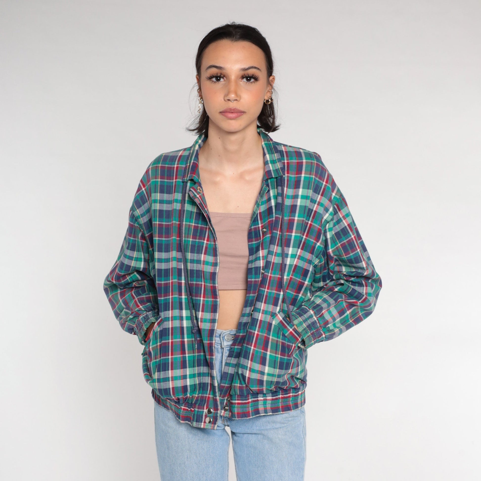 80s Plaid Windbreaker Snap Jacket Blue Red Green Small