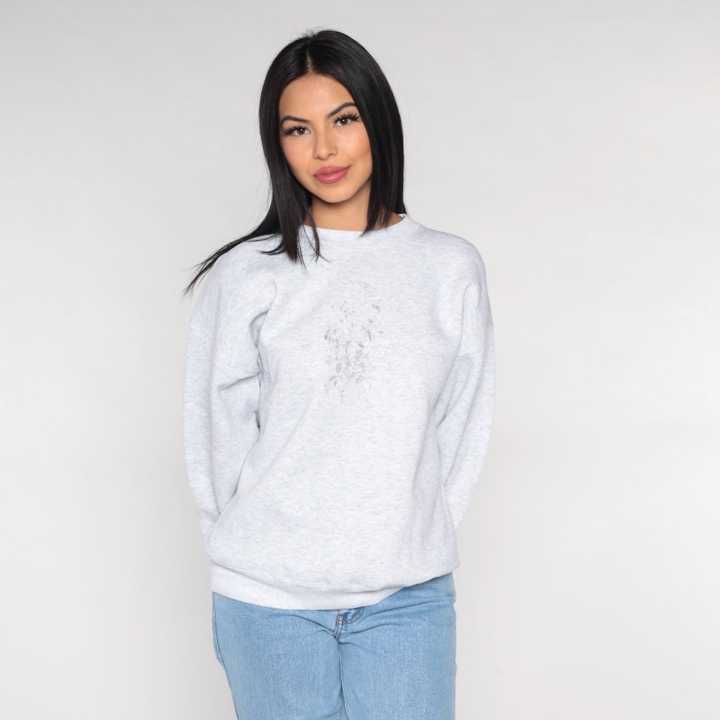 90s Floral Embroidered Sweatshirt Heather Grey Crewneck Pullover Extra Large XXL