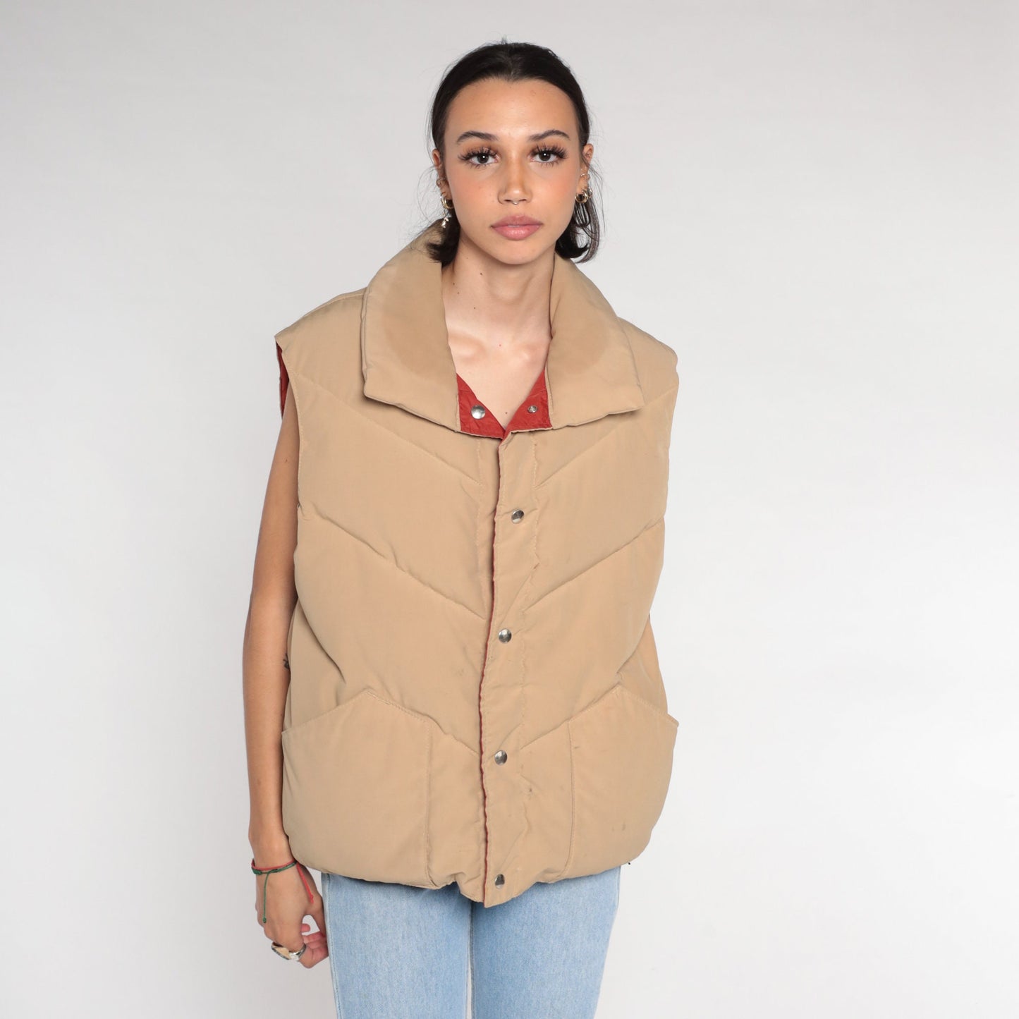 70s Reversible Puffer Vest Rust Brown Tan Down Nylon Snap Front Medium