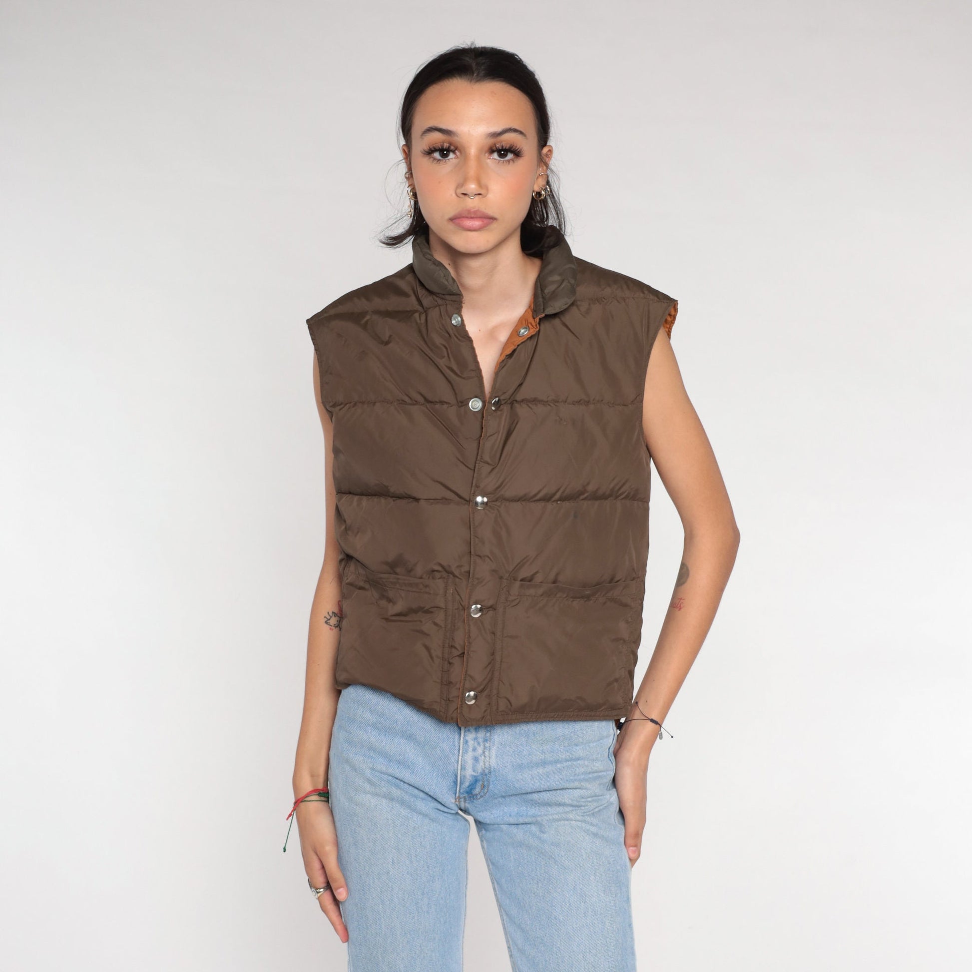 80s Reversible Puffer Vest Brown Down Fill Nylon Sleeveless Small