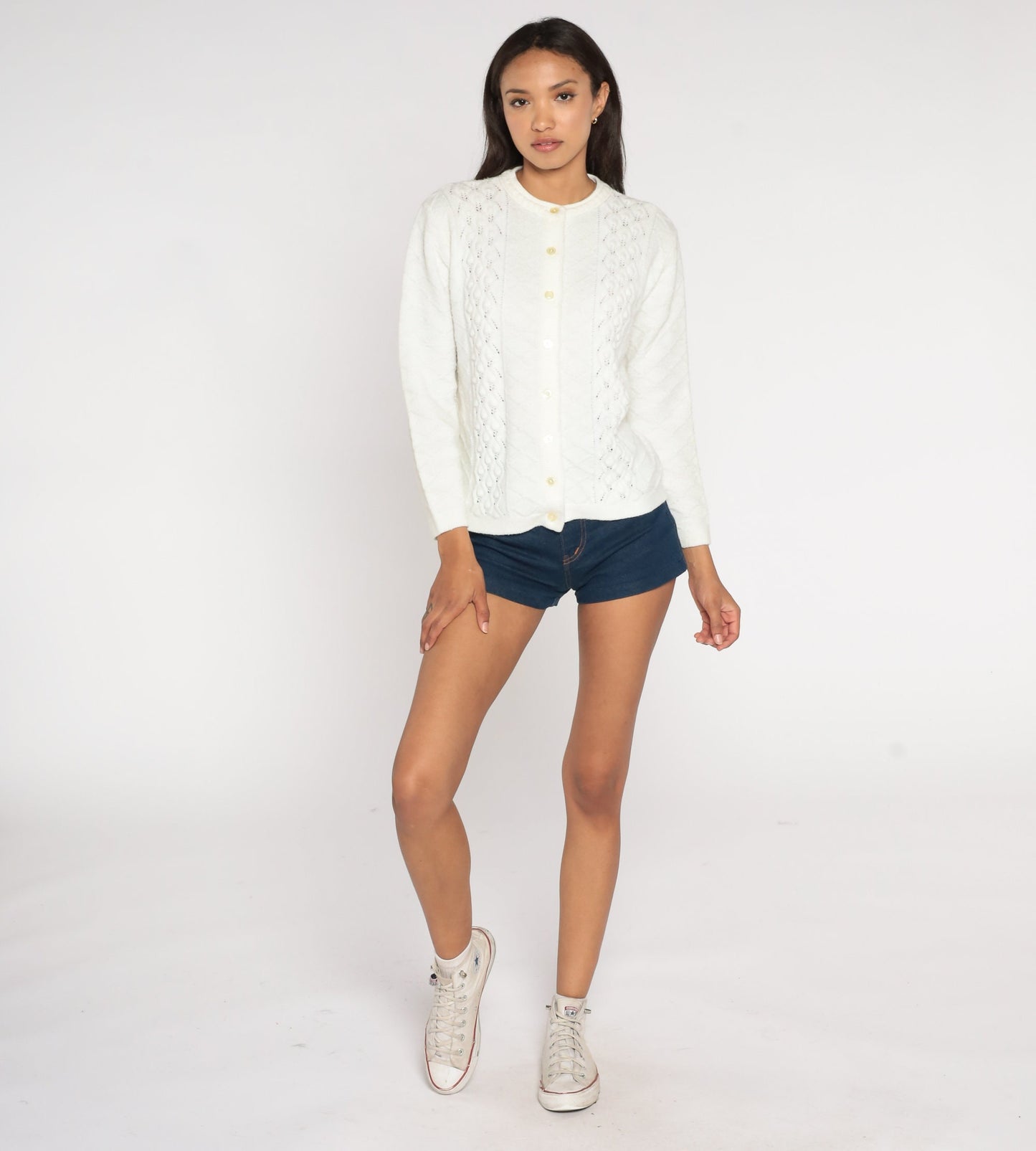 70s Pointelle Cardigan White Open Weave Button-Up Sweater Small S