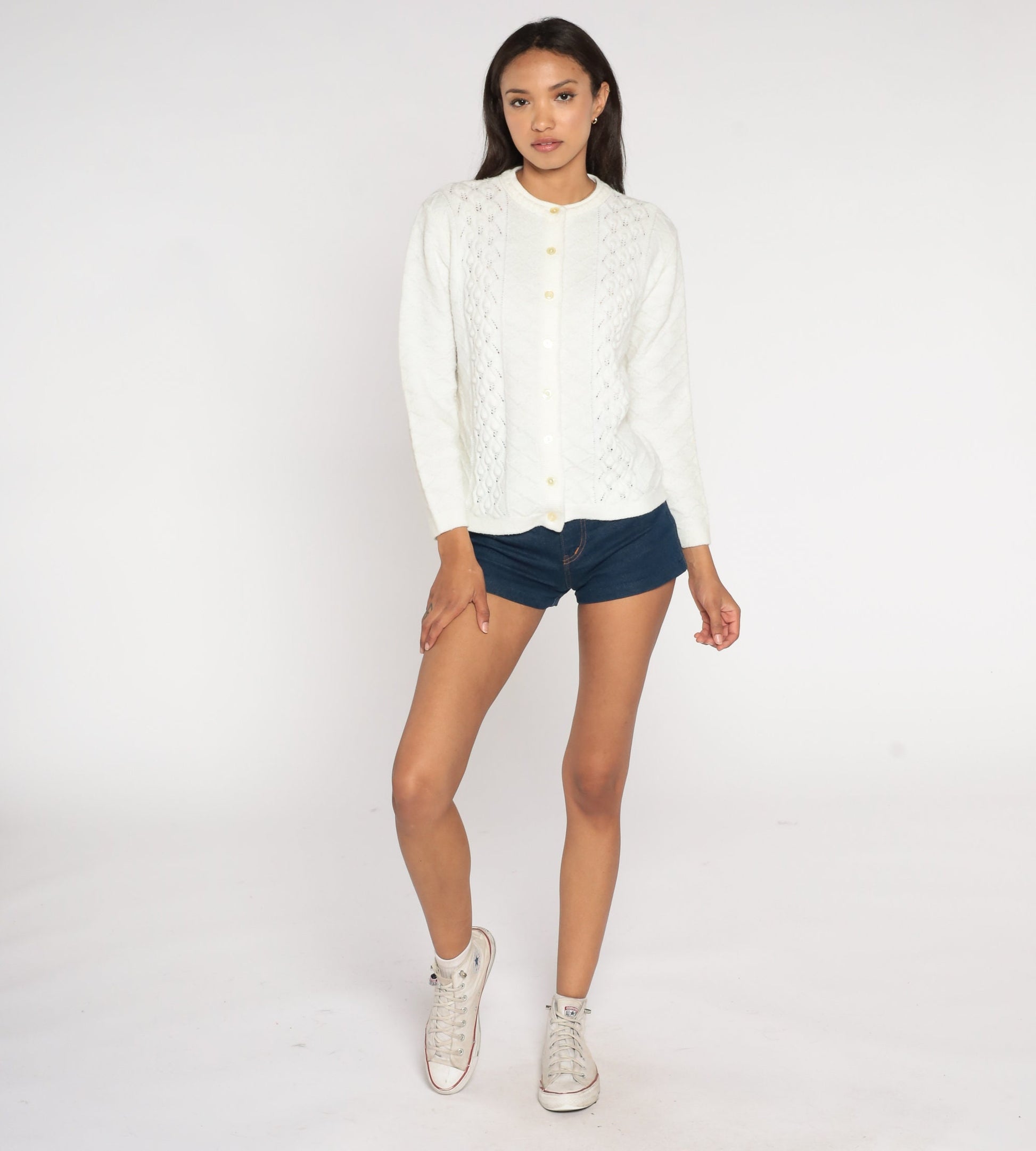 70s Pointelle Cardigan White Open Weave Button-Up Sweater Small S