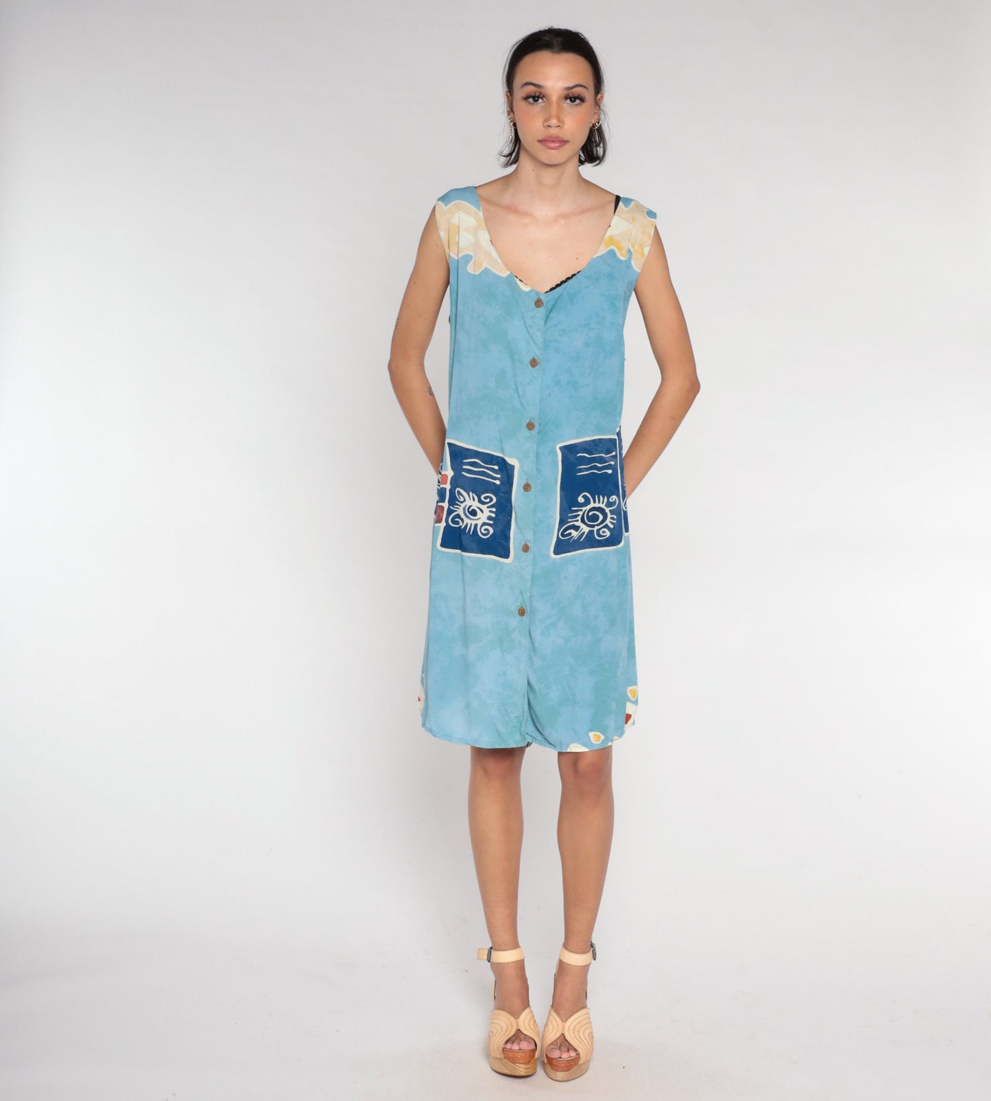 00s Blue Abstract Eye Print Mini Dress Sleeveless Button Front Extra Large XXL