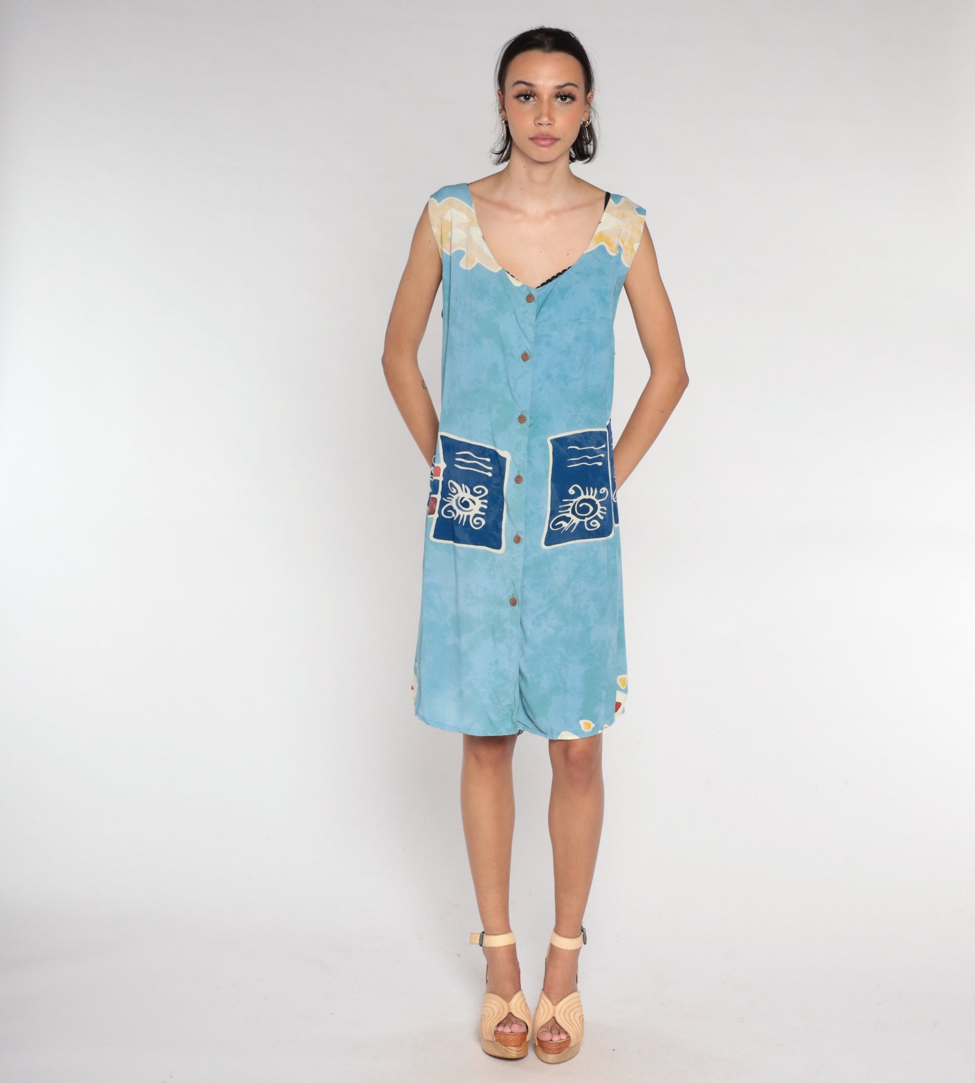 00s Blue Abstract Eye Print Mini Dress Sleeveless Button Front Extra Large XXL