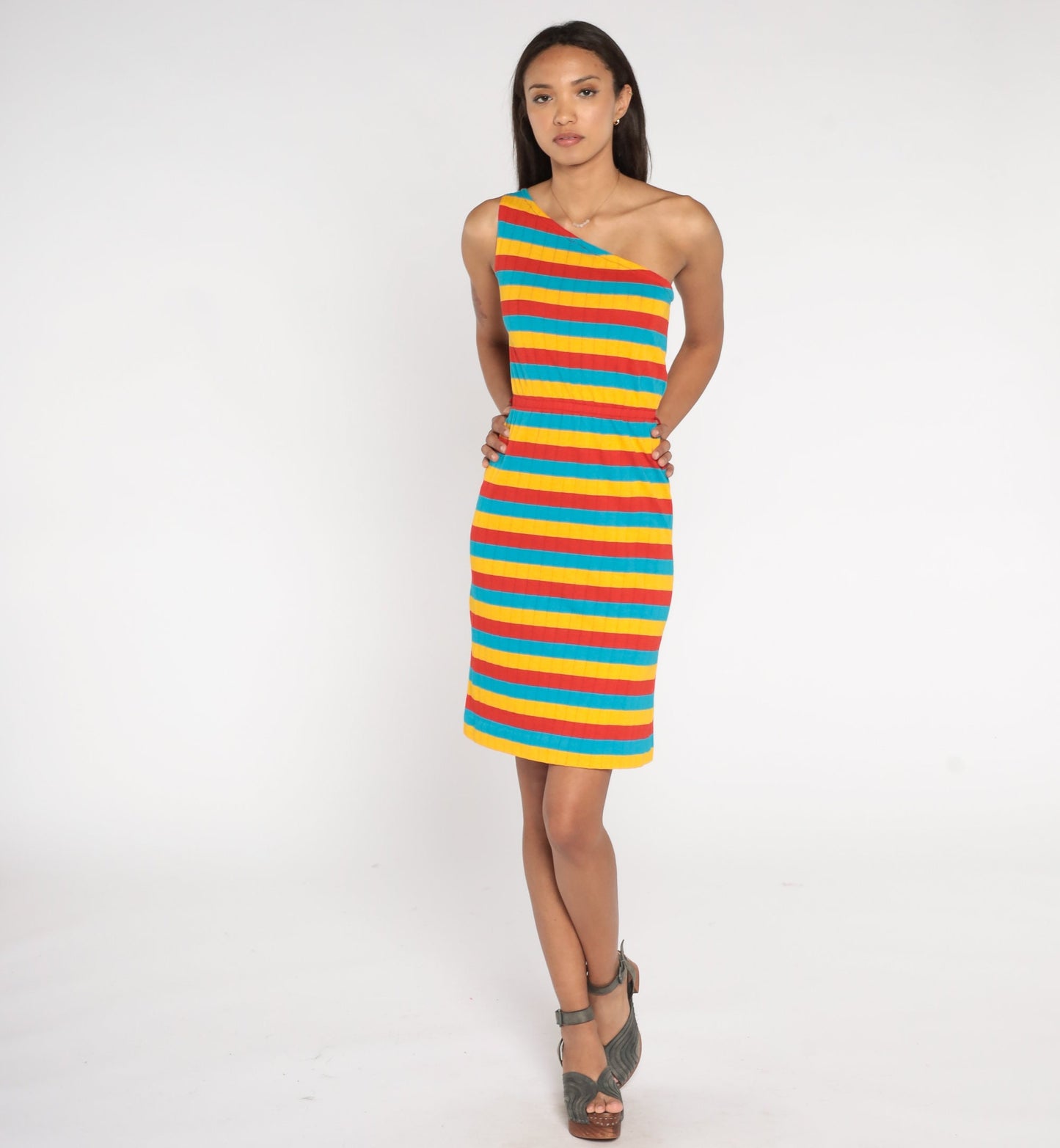 70s One-Shoulder Striped Mini Dress Bright Summer Sundress Extra Small