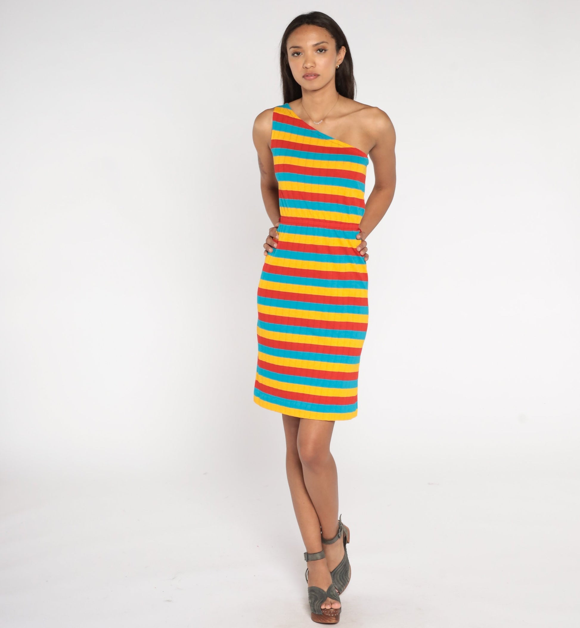 70s One-Shoulder Striped Mini Dress Bright Summer Sundress Extra Small