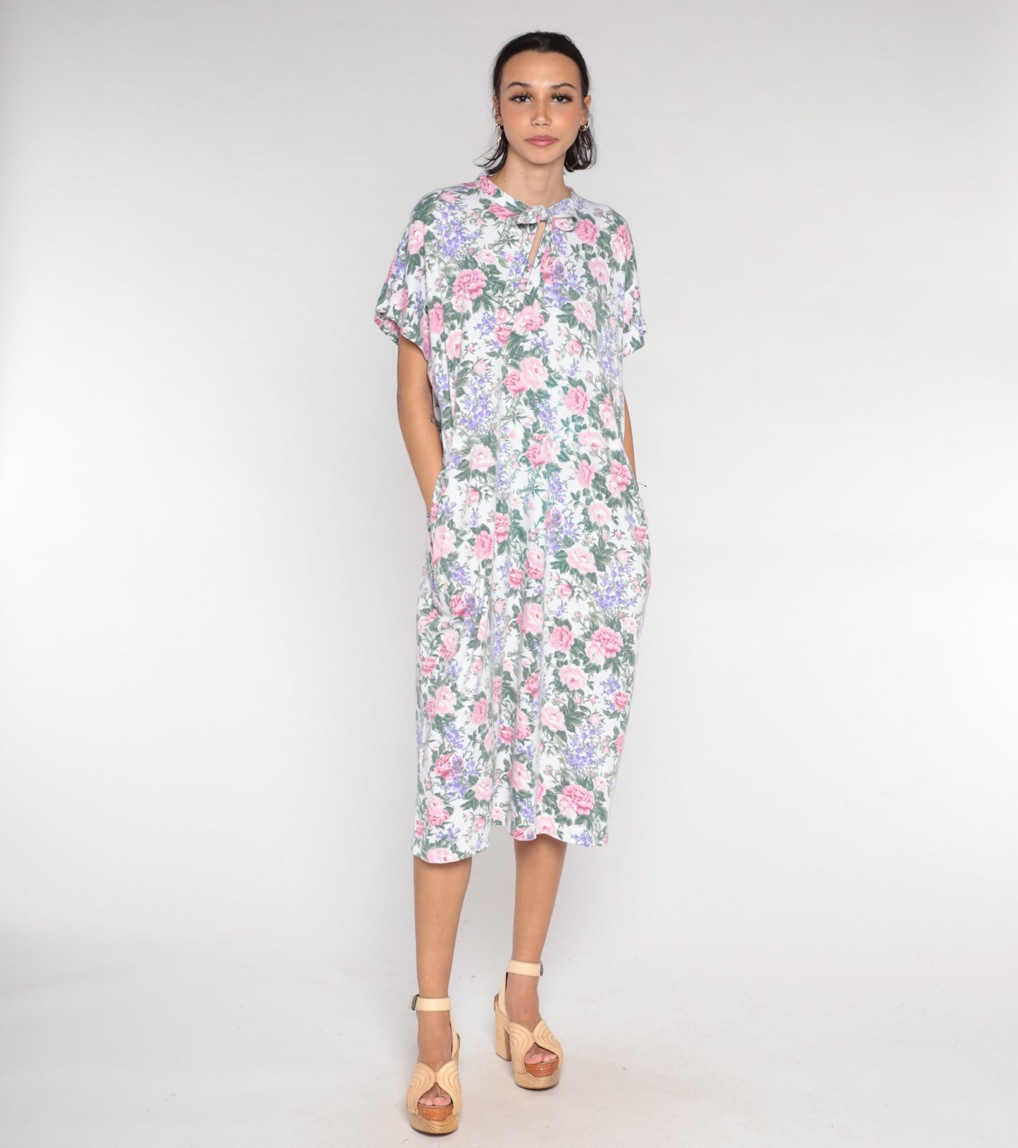 90s Floral Keyhole Tie Midi Dress White Rose Print Short Sleeve Large L