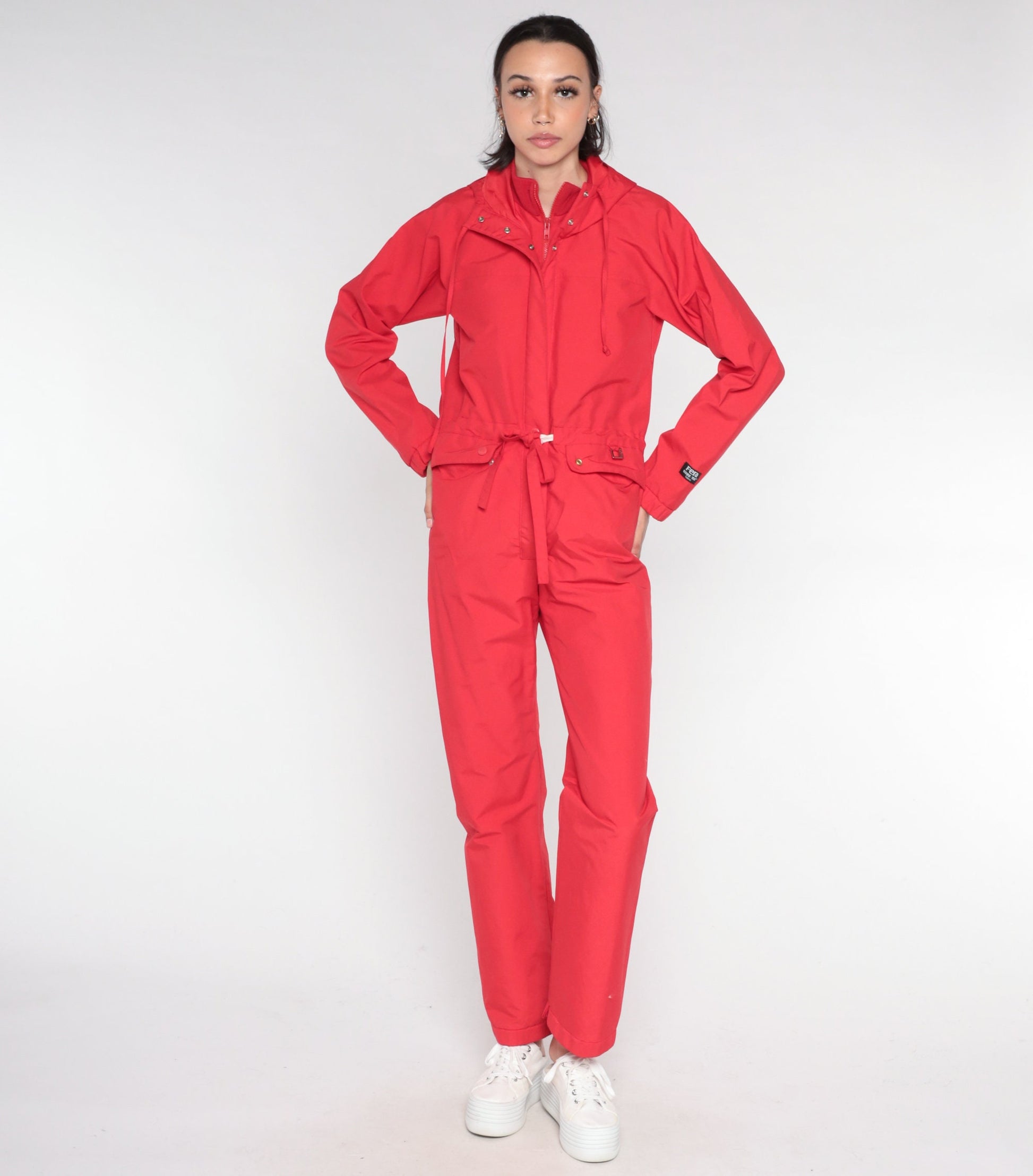 80s Fera Red Gortex Hooded Ski Suit One-Piece Snowsuit Extra Small