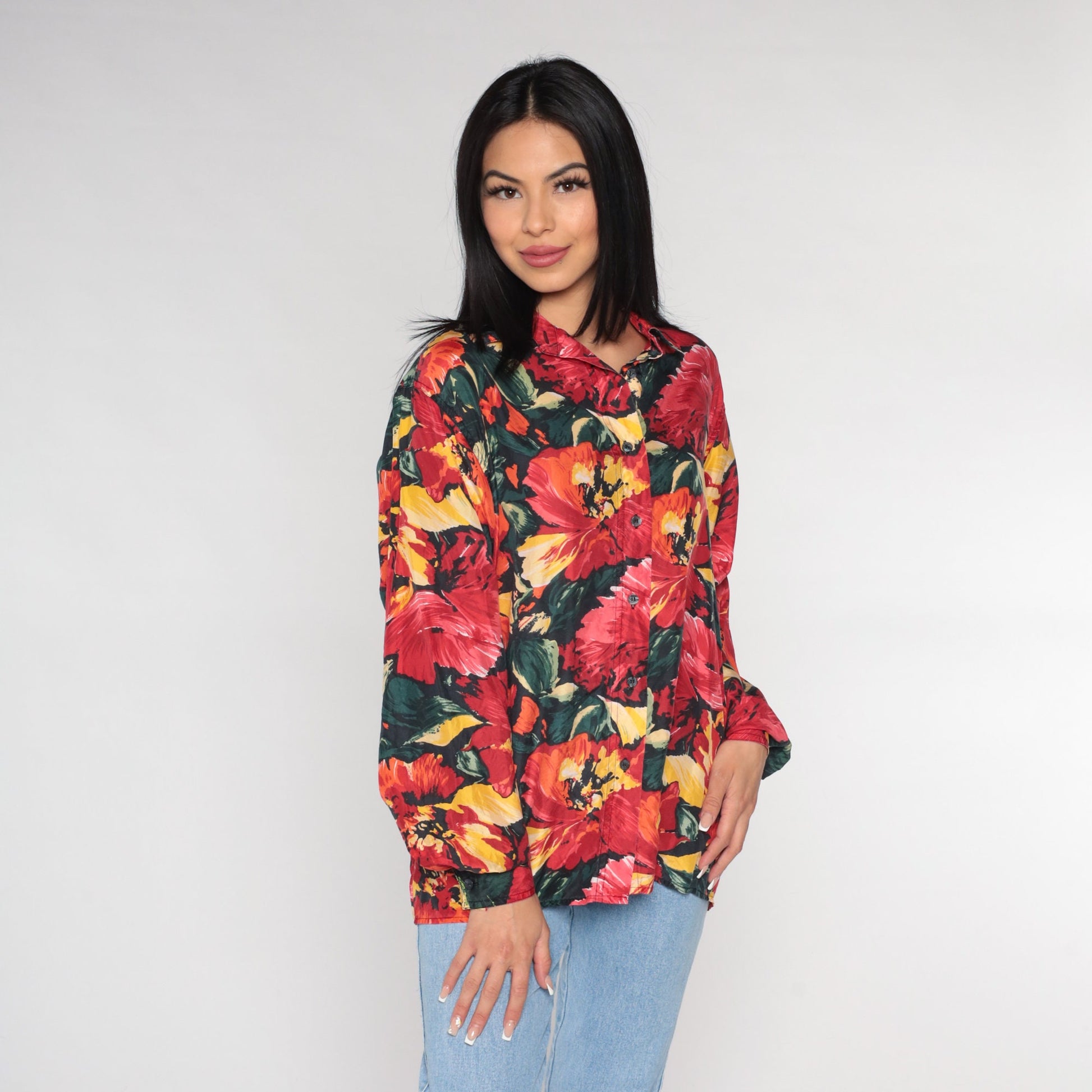 90s Silk Floral Button-Up Blouse Long Sleeve Poppy Print Red Medium M