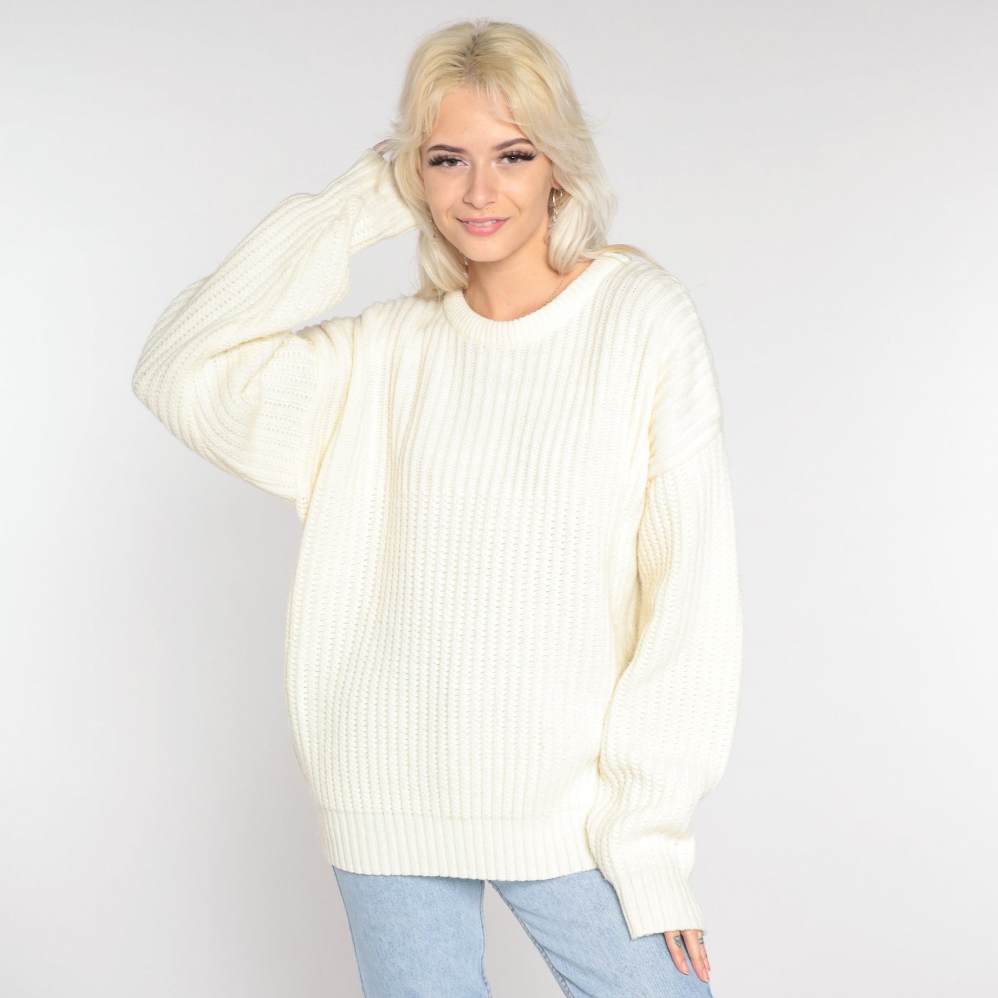 90s High Sierra Off-White Ribbed Knit Crewneck Pullover Sweater Large L