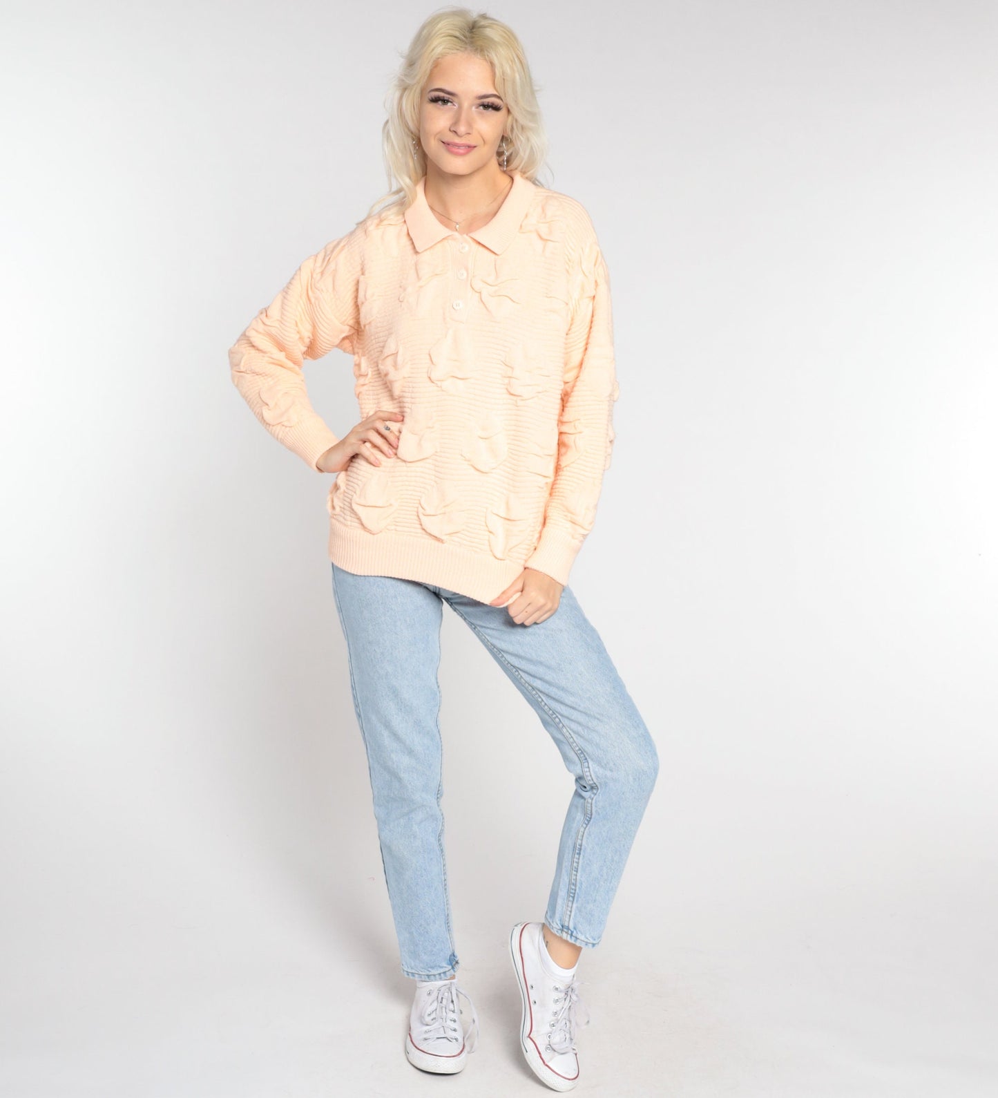 80s Peach Textured Knit Polo Sweater Collared Button-Up Medium