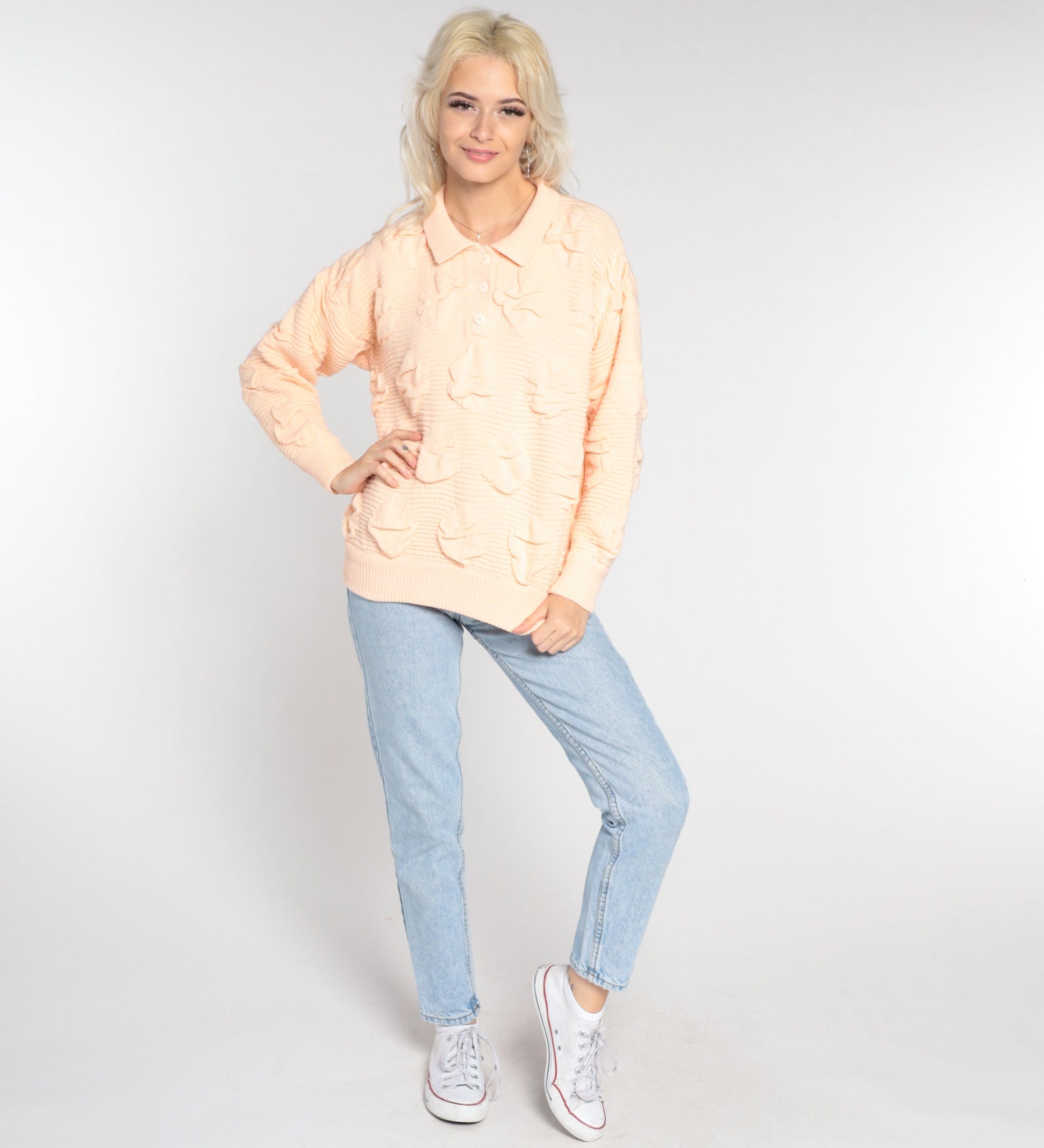 80s Peach Textured Knit Polo Sweater Collared Button-Up Medium