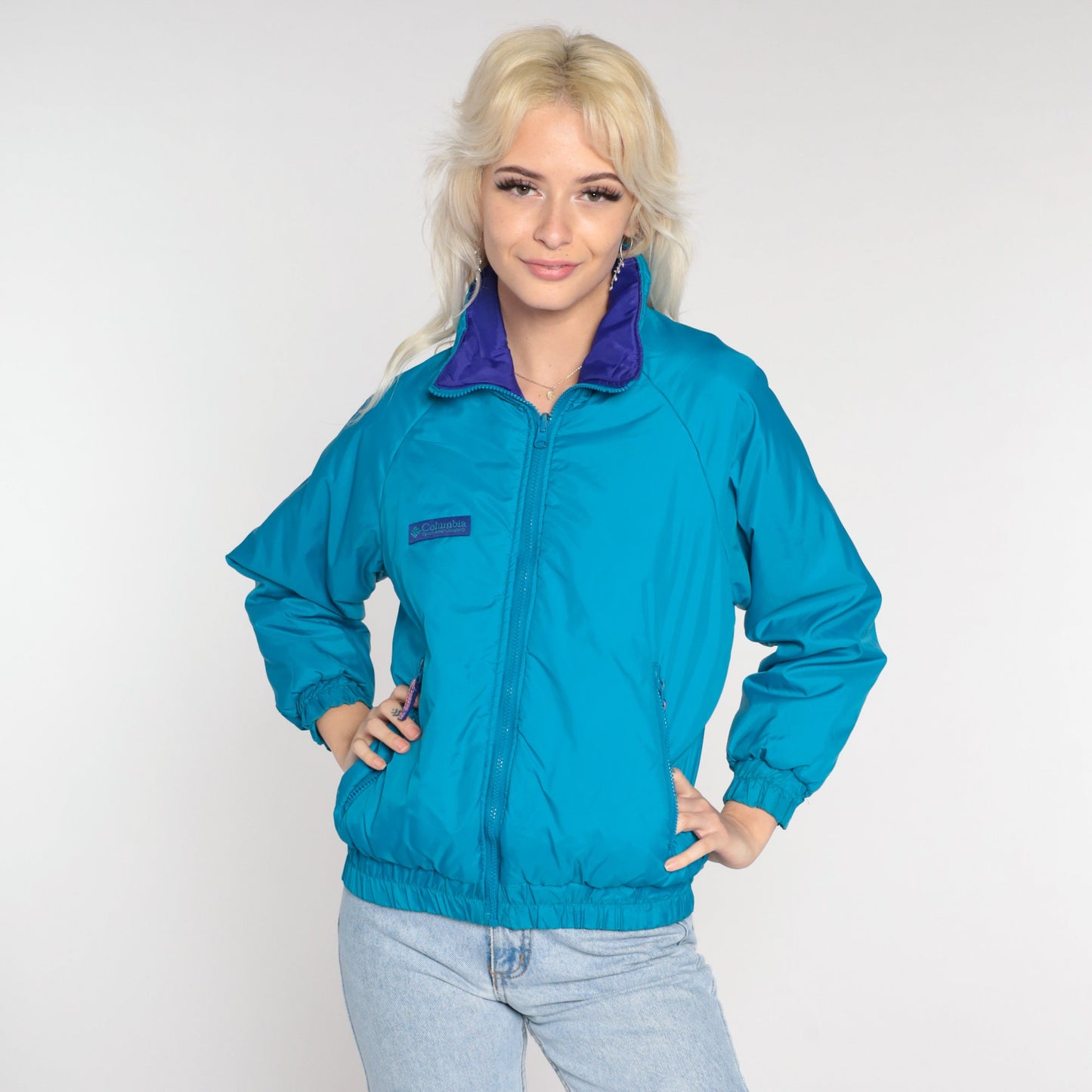 90s Columbia Reversible Windbreaker Jacket Turquoise Purple Extra Small XS