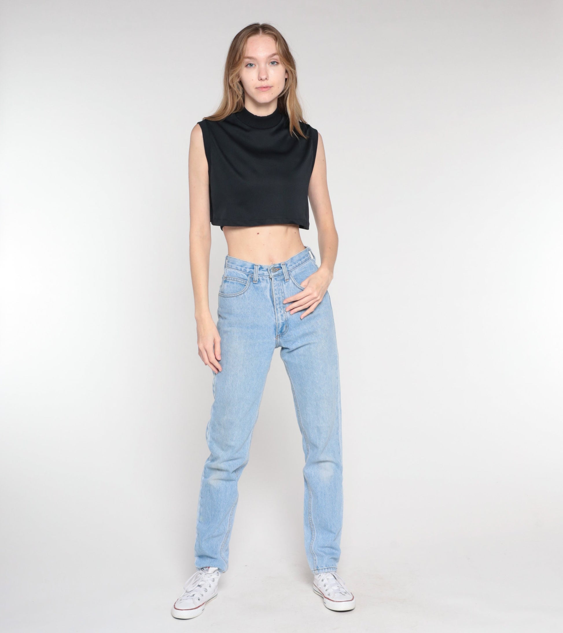 70s Black Mock Neck Crop Tank Top Sleeveless Small S