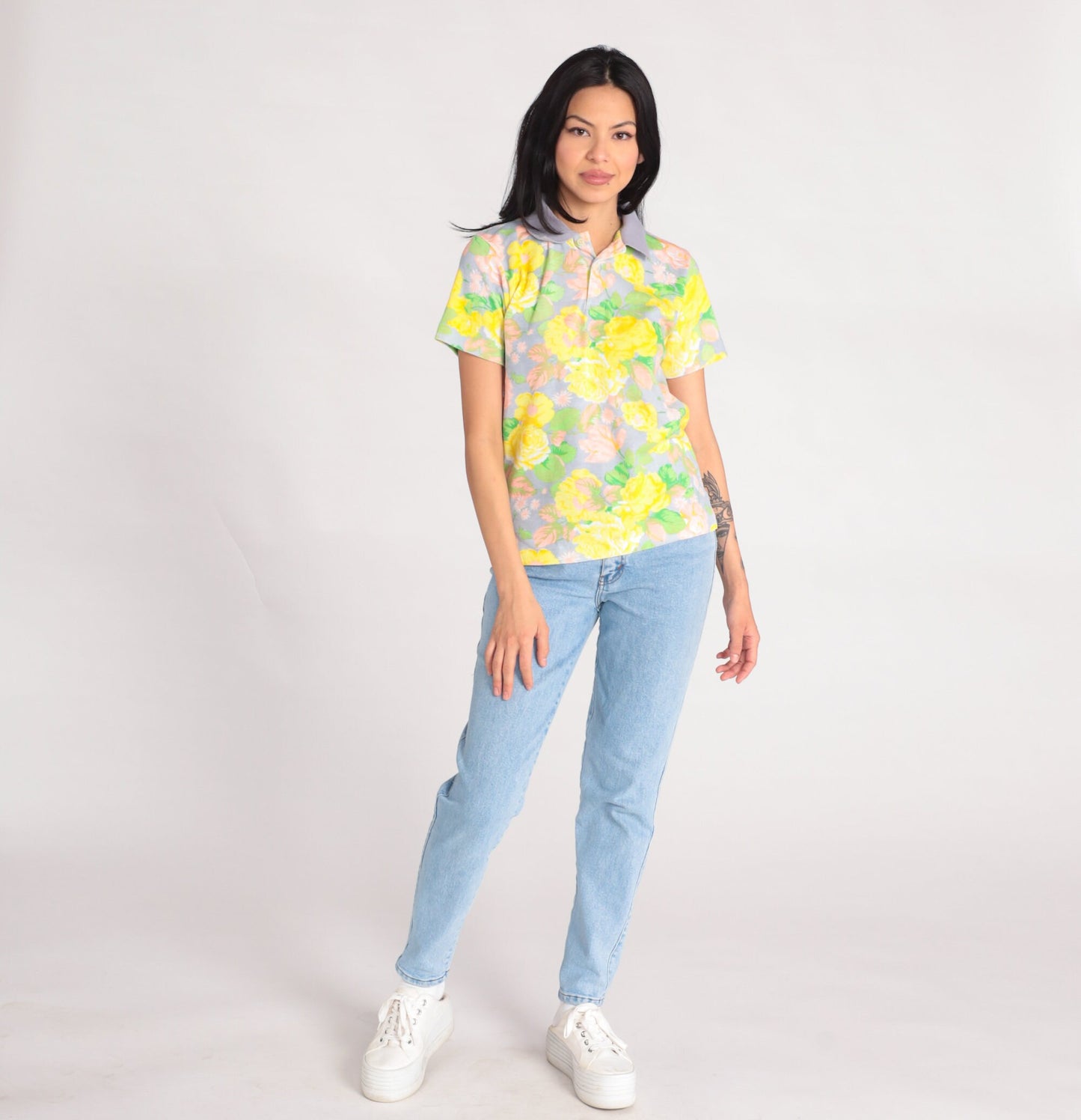90s Floral Polo Shirt Yellow Flower Print Cotton Collared Small