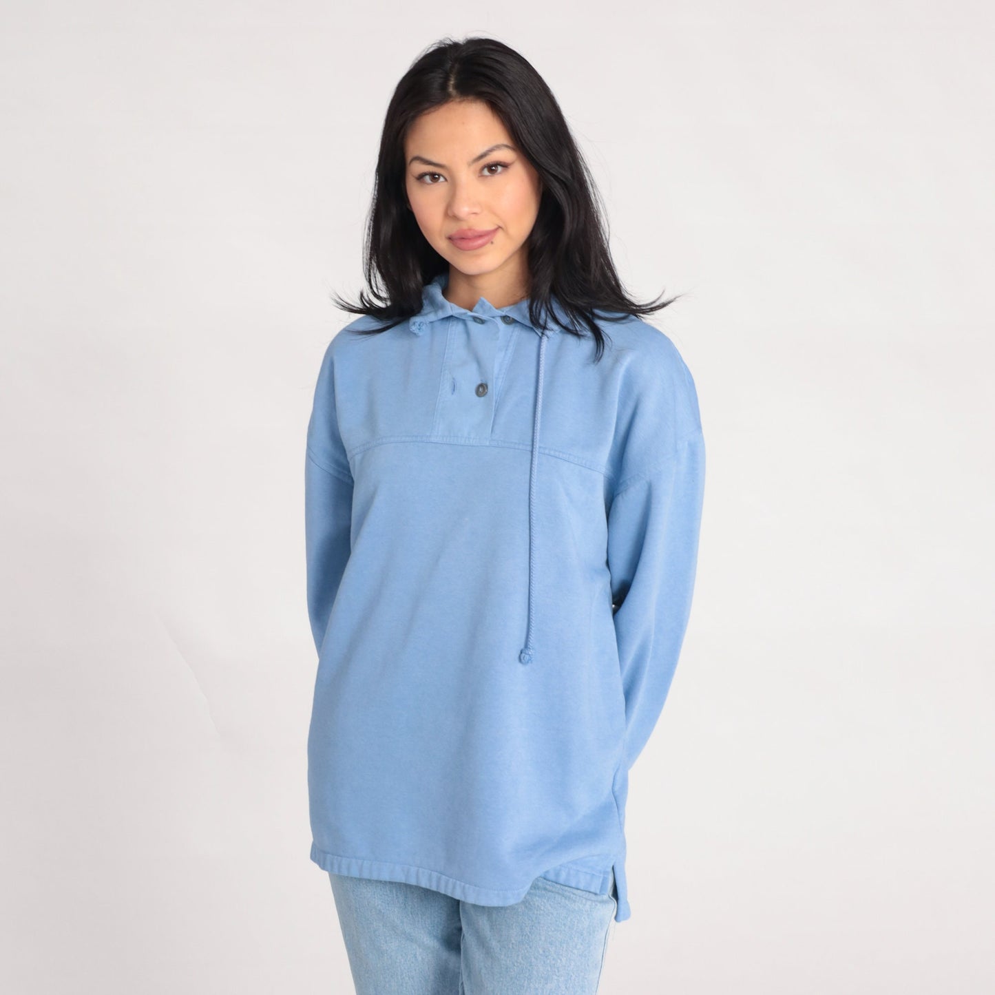 90s Cornflower Blue Sweatshirt Drawstring Neckline Polo Pullover Medium