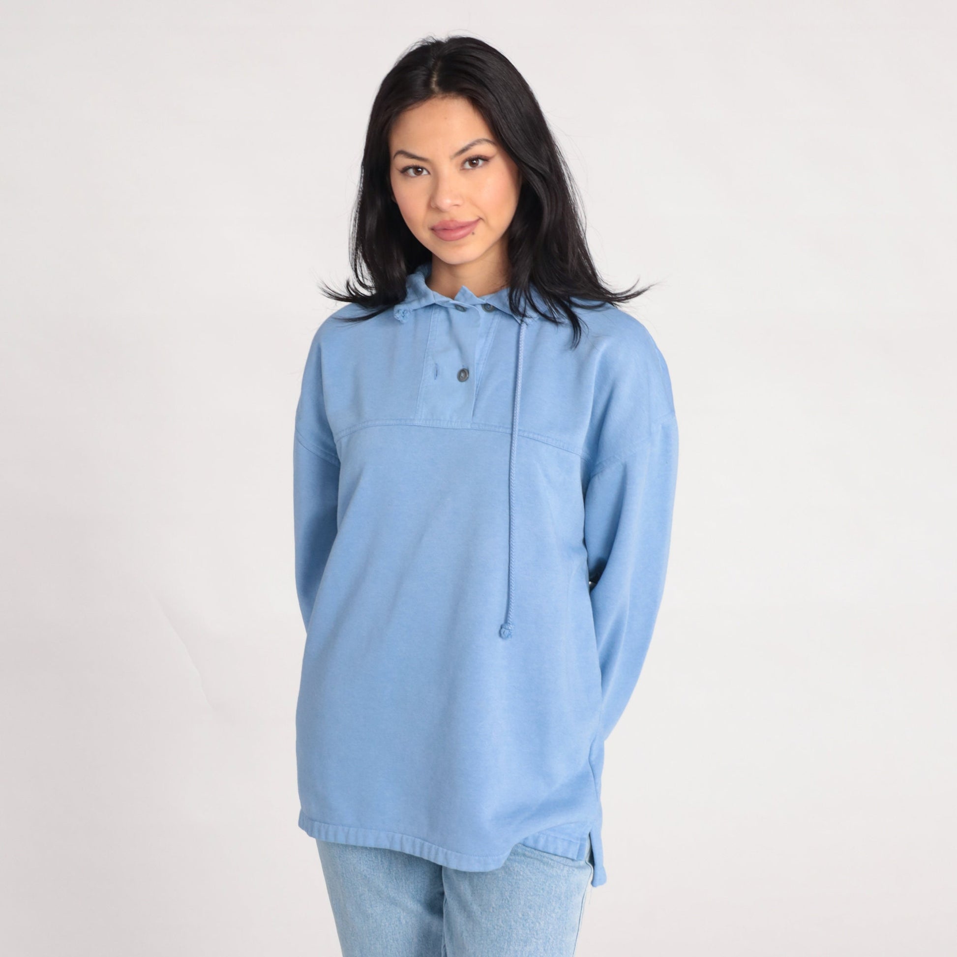 90s Cornflower Blue Sweatshirt Drawstring Neckline Polo Pullover Medium