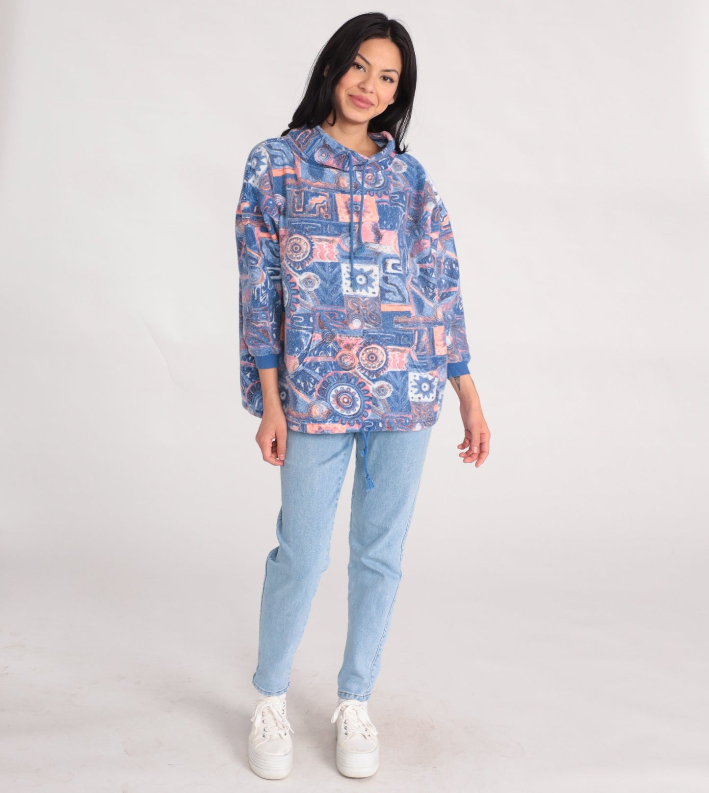 90s Blue Geometric Fleece Pullover Sweatshirt Drawstring Funnel Neck Small S
