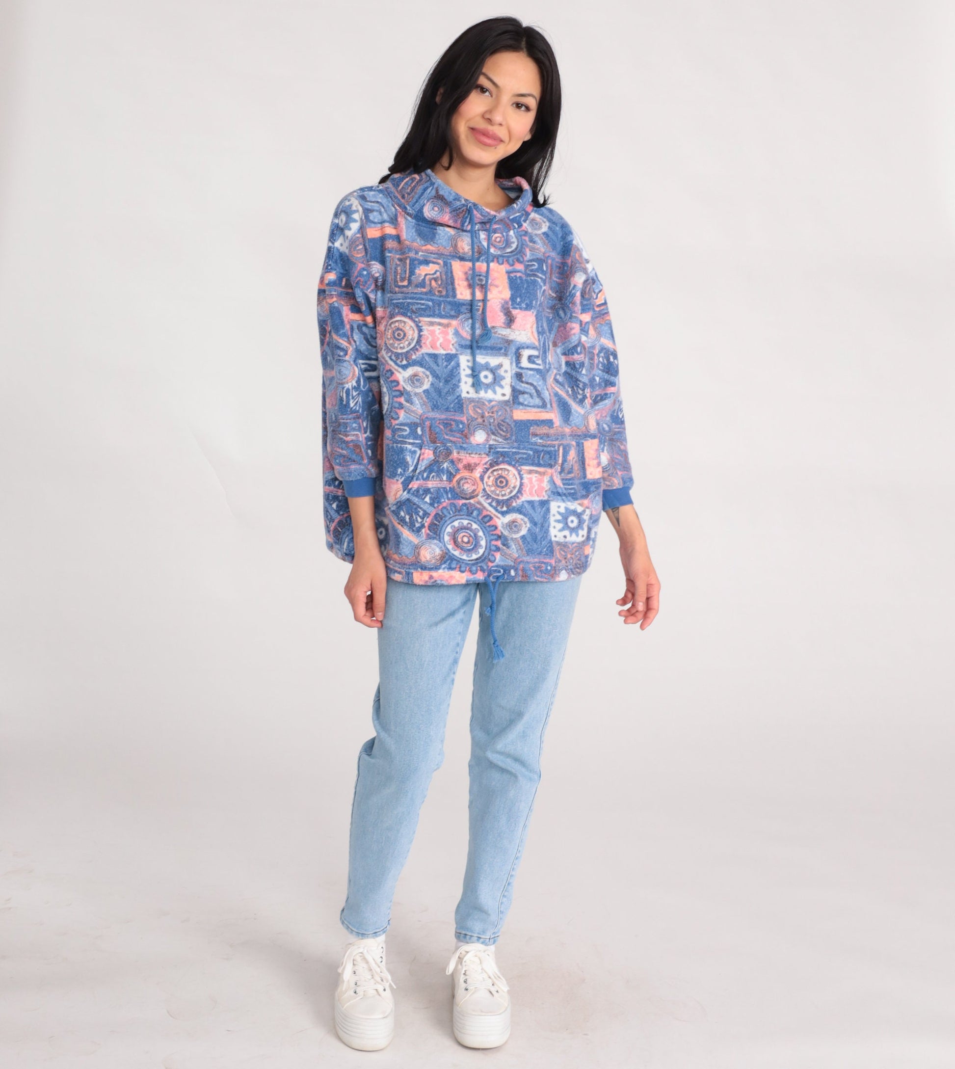 90s Blue Geometric Fleece Pullover Sweatshirt Drawstring Funnel Neck Small S