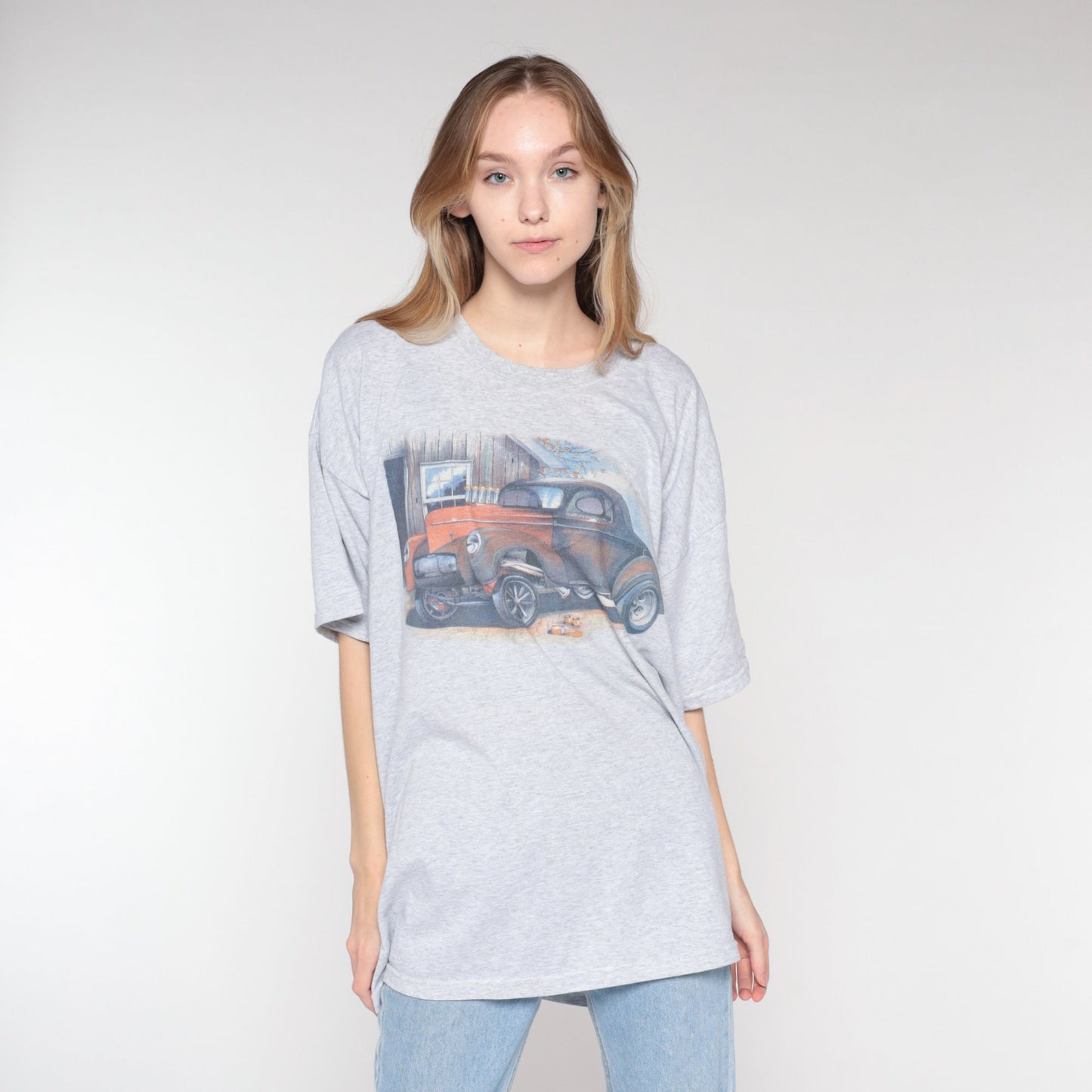 90s Jerzees Classic Car Graphic Tee Heather Grey Single Stitch Extra Extra Large XXL